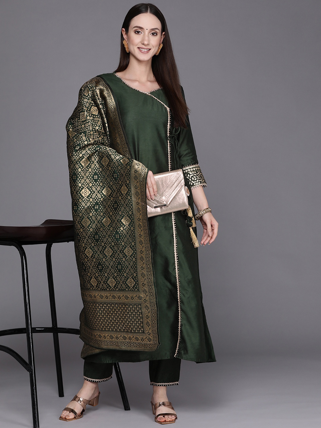 

Indo Era Women Green Angrakha Liva Kurta with Trousers & With Dupatta