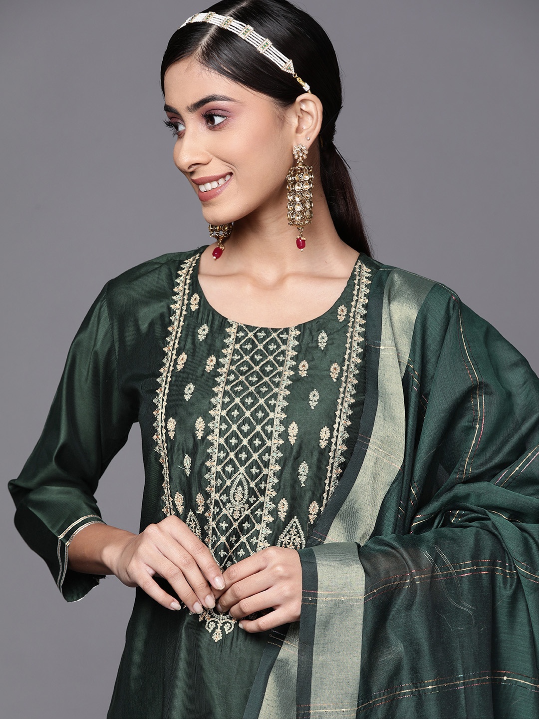 

Indo Era Women Green Ethnic Motifs Yoke Design Kurta with Trousers & With Dupatta