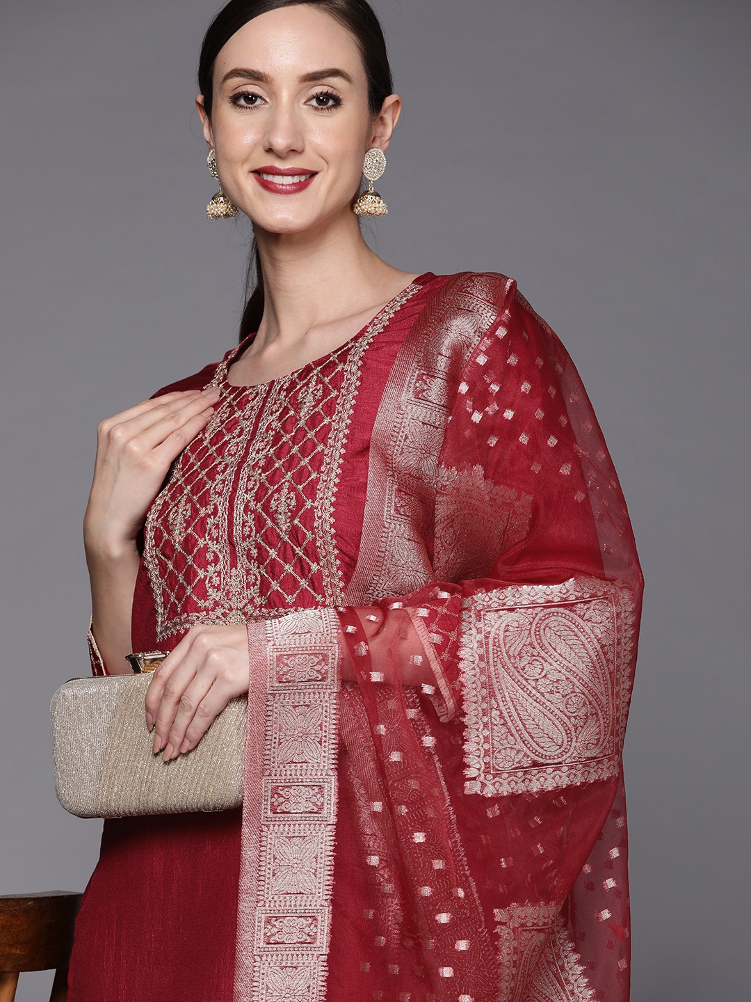

Indo Era Women Maroon Zari Embroidered Kurta with Palazzos & With Dupatta