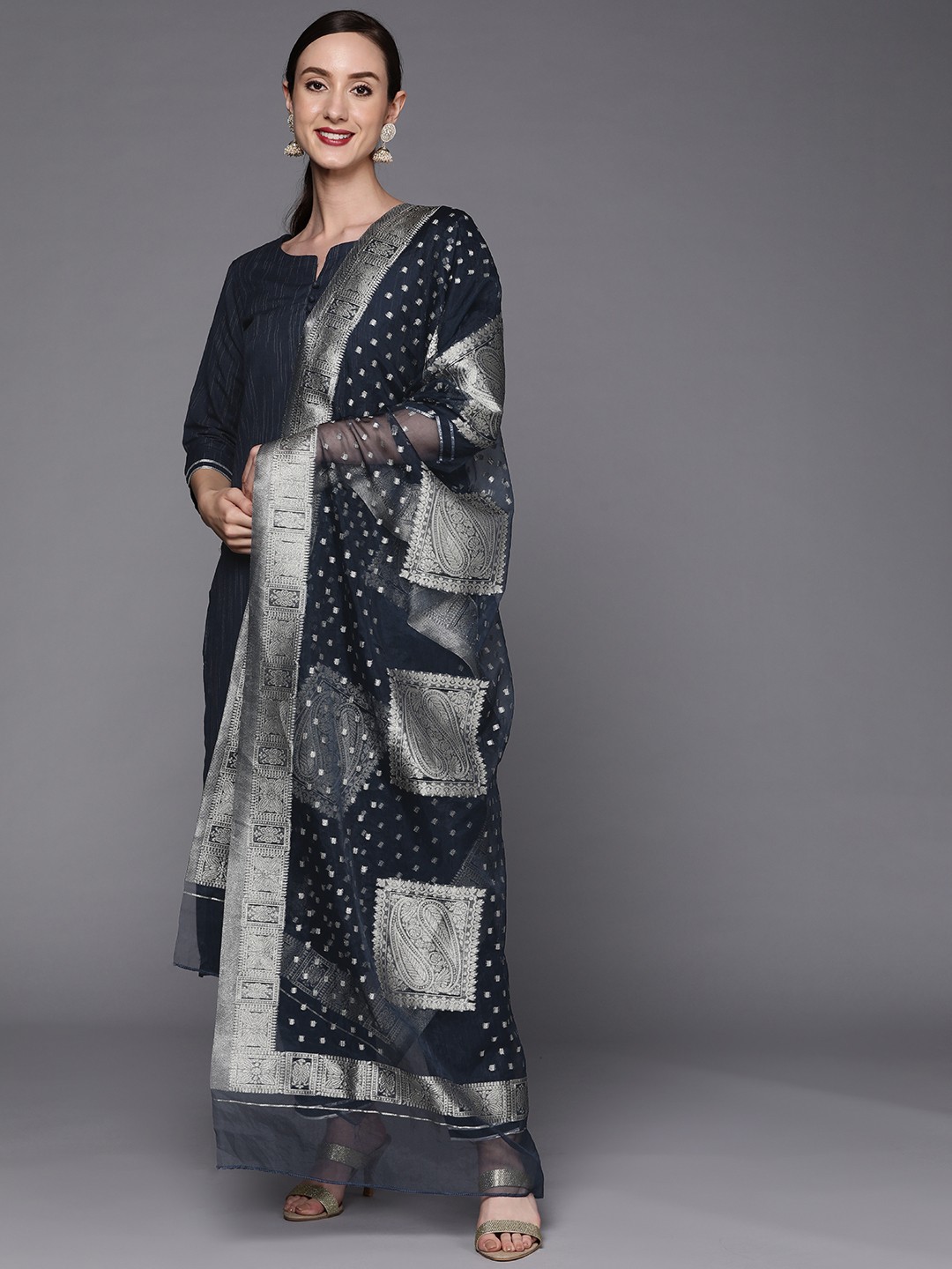 

Indo Era Navy Blue Solid Straight Kurta Palazzo With Dupatta Set