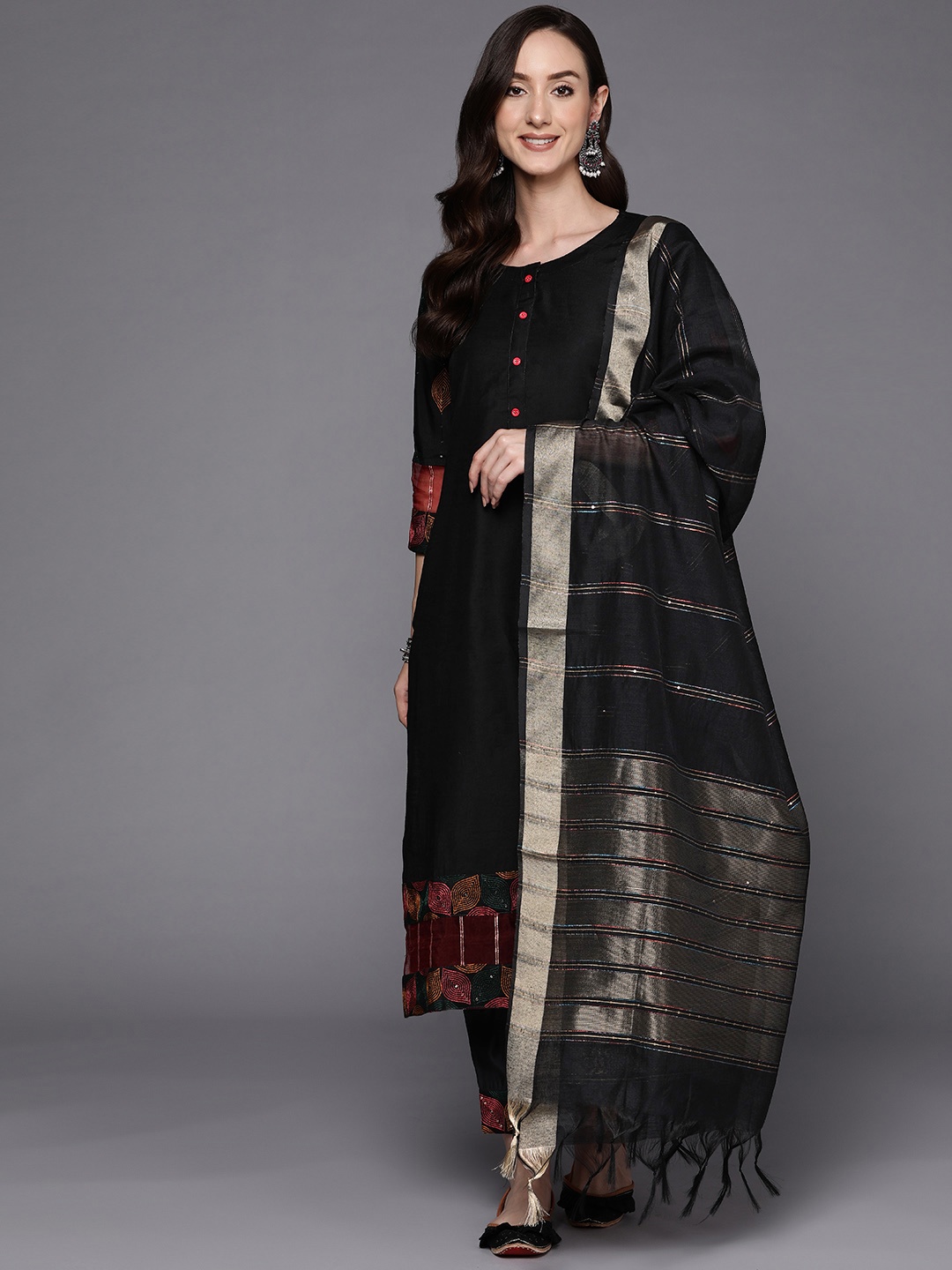 

Indo Era Women Black Embroidered Sequinned Liva Kurta with Trousers & Dupatta