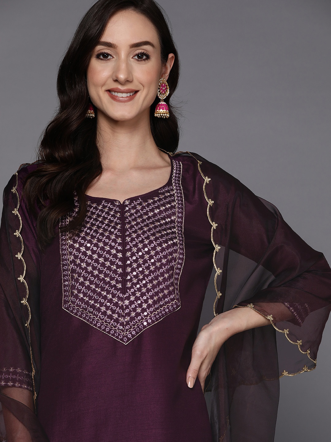 

Indo Era Women Purple Ethnic Motifs Yoke Design Kurta with Trousers & Dupatta