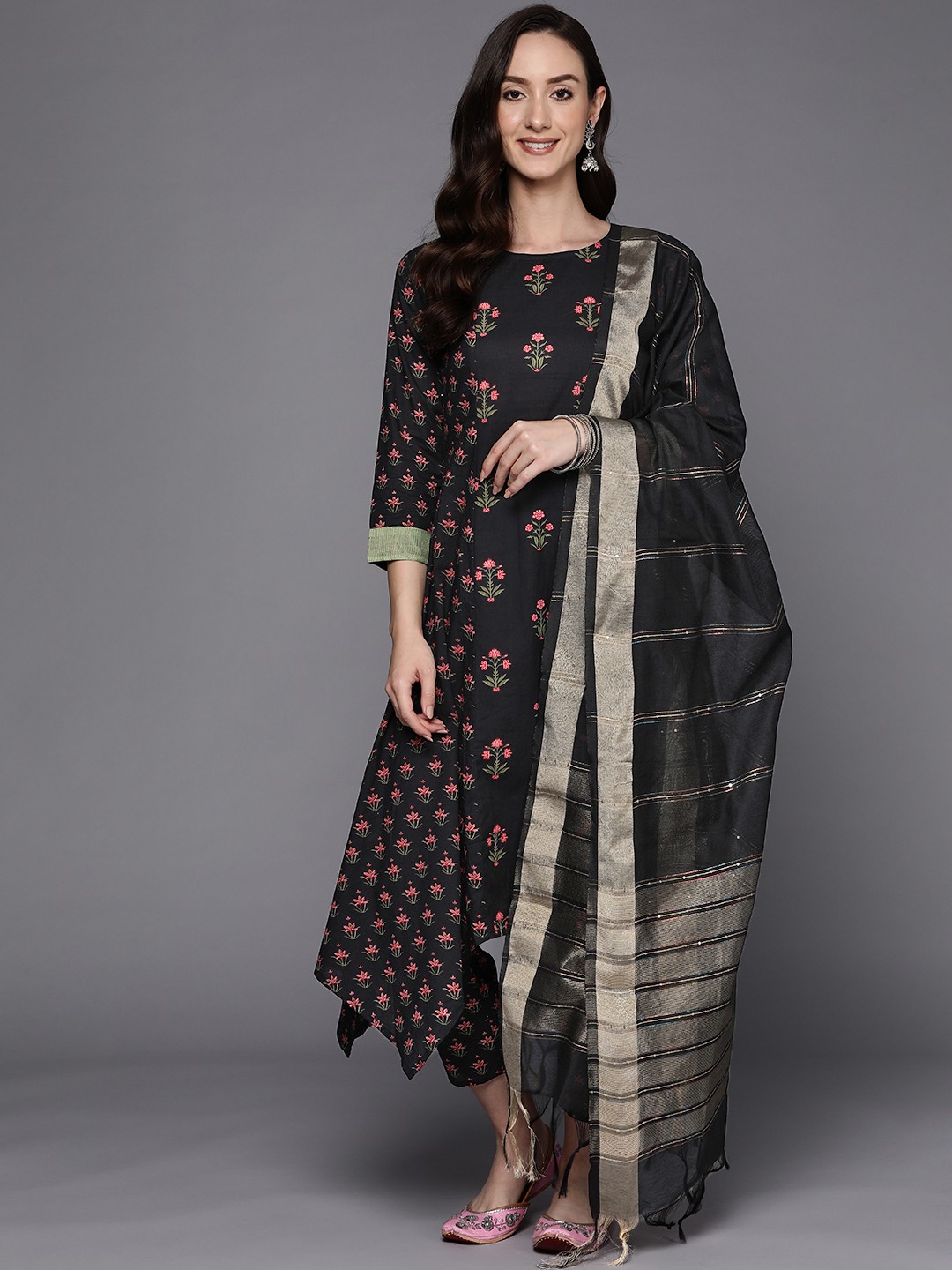 

Indo Era Women Black Ethnic Motifs Printed Panelled Cotton Kurta with Trousers & Dupatta