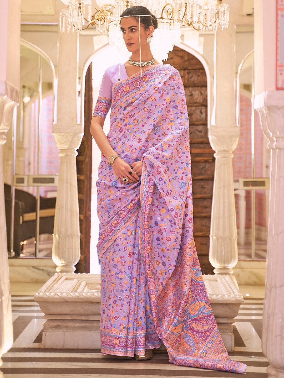 

Mitera Lavender & Blue Floral Silk Blend Banarasi Saree