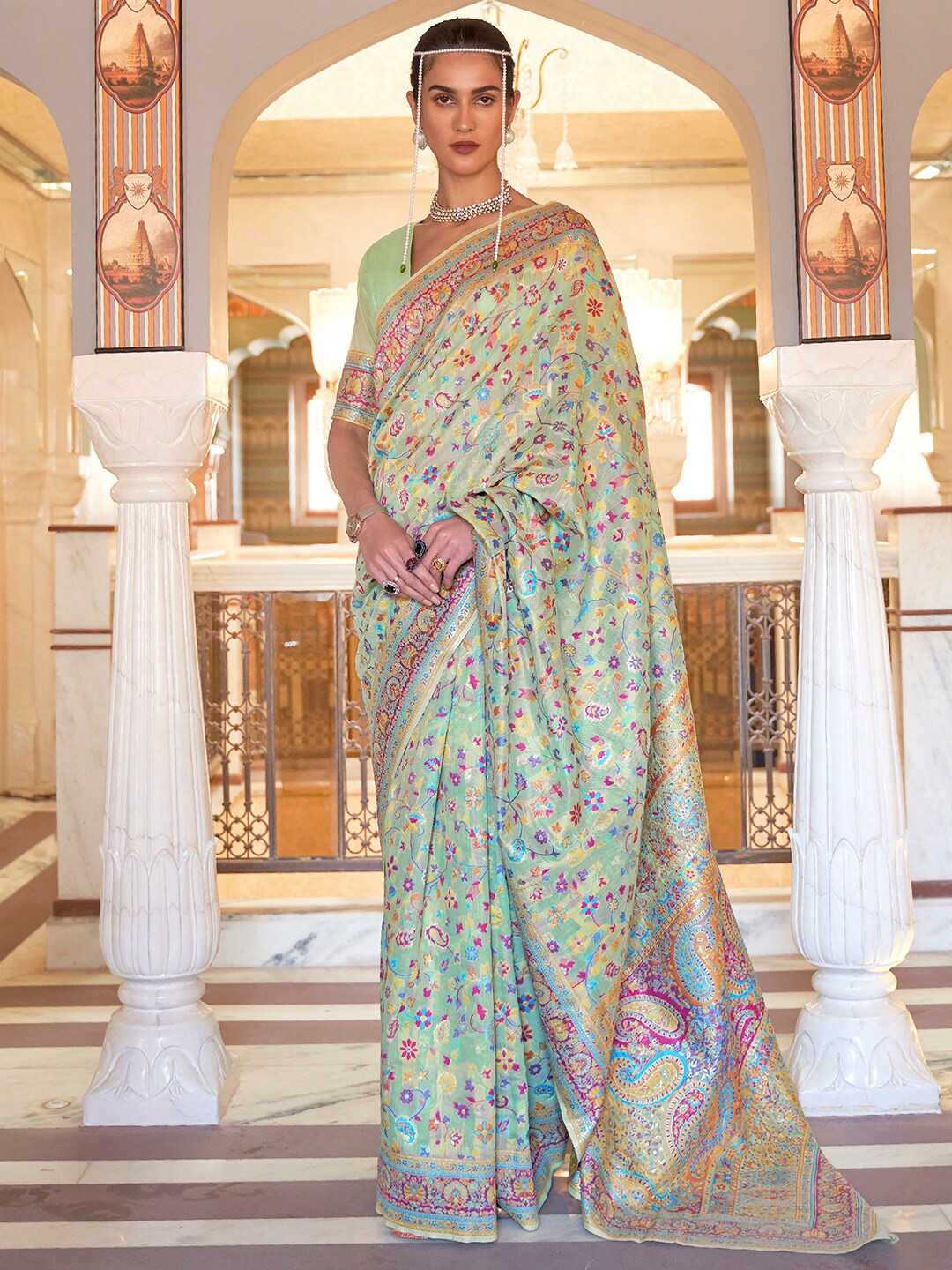 

Mitera Green & Blue Woven Design Zari Silk Blend Banarasi Saree