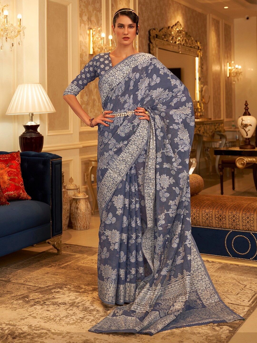 

Mitera Navy Blue & White Woven Design Linen Blend Muga Saree