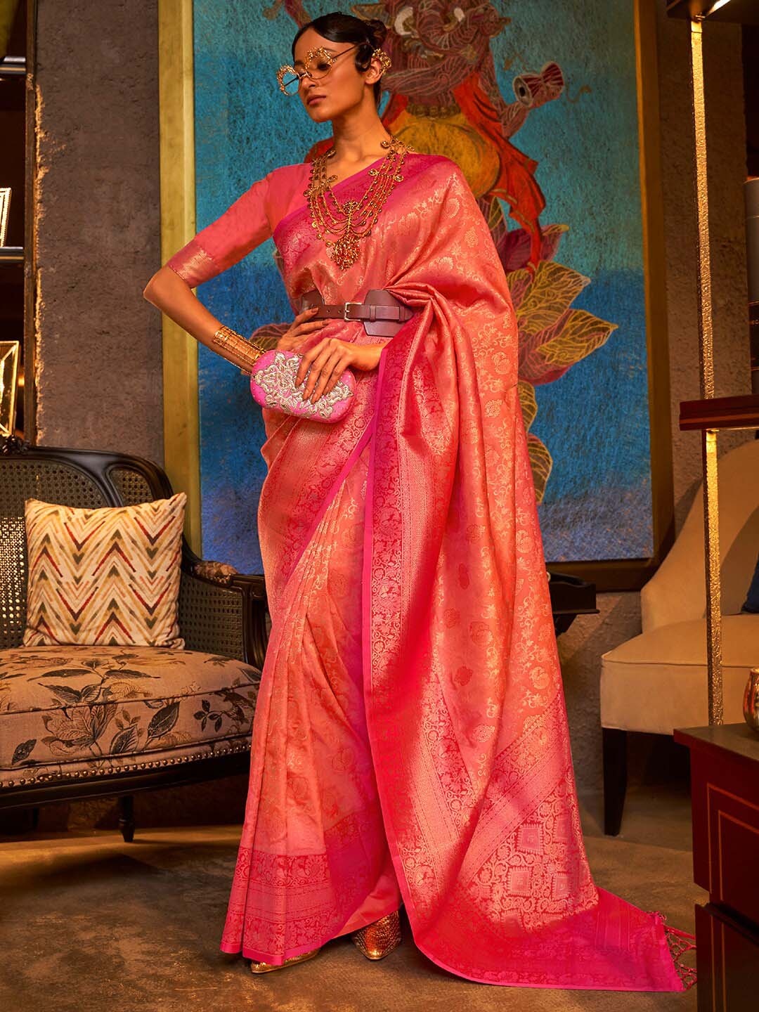 

Mitera Orange & Gold-Toned Paisley Zari Silk Blend Dharmavaram Saree