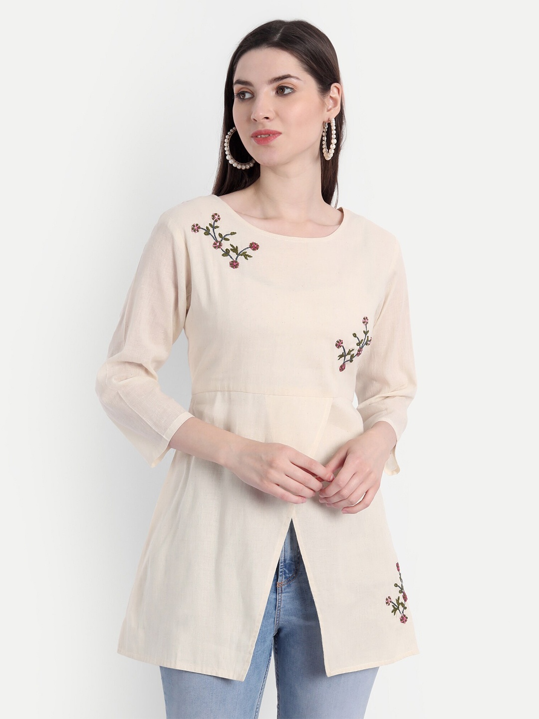 

DEALSEVEN FASHION Beige & Green Embroidered Tunic