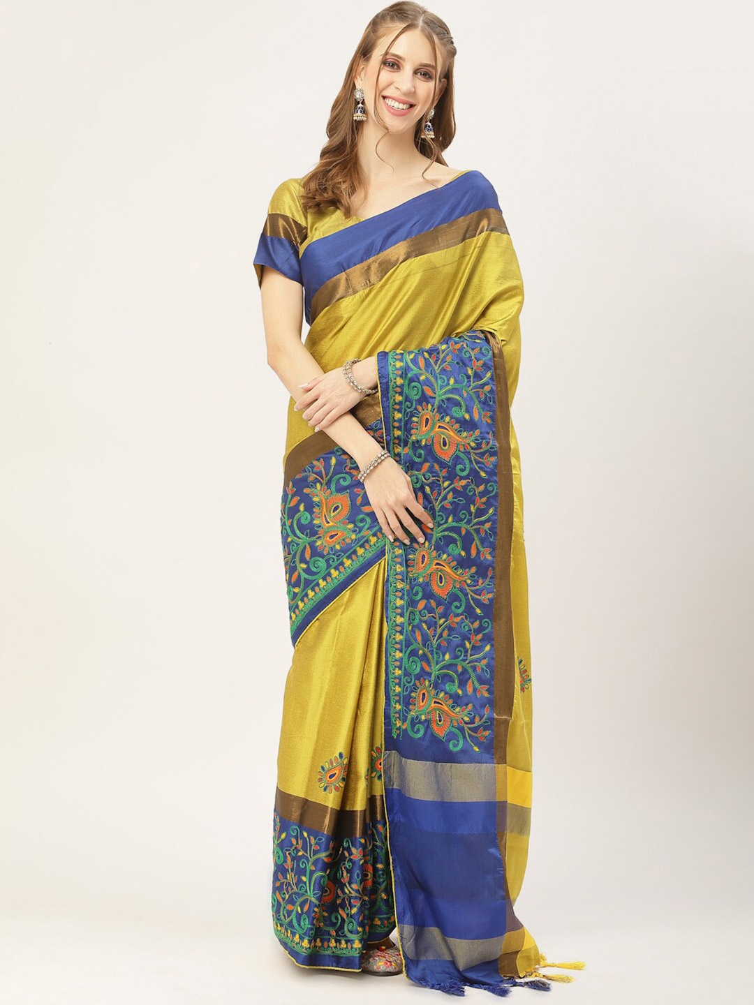

SERONA FABRICS Yellow & Blue Embellished Embroidered Silk Cotton Saree