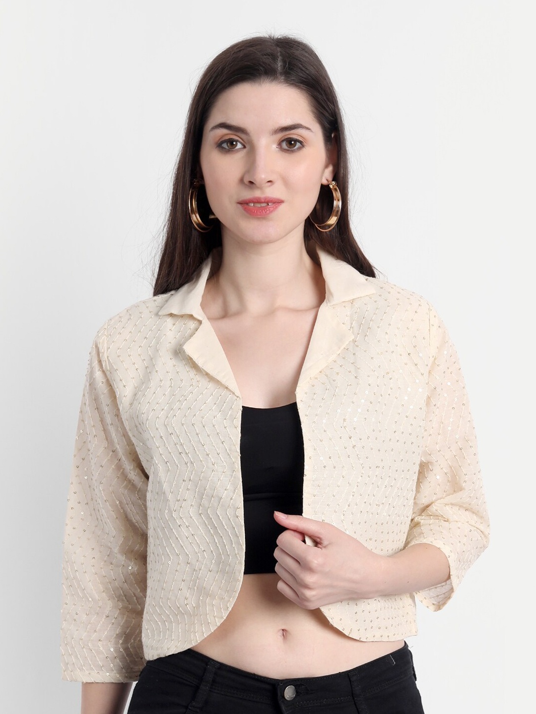 

DEALSEVEN FASHION Women Sequined Beige Crop Shrug