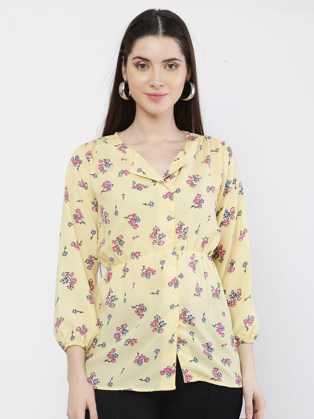 

VAIRAGEE Women Yellow Floral Print Crepe Top