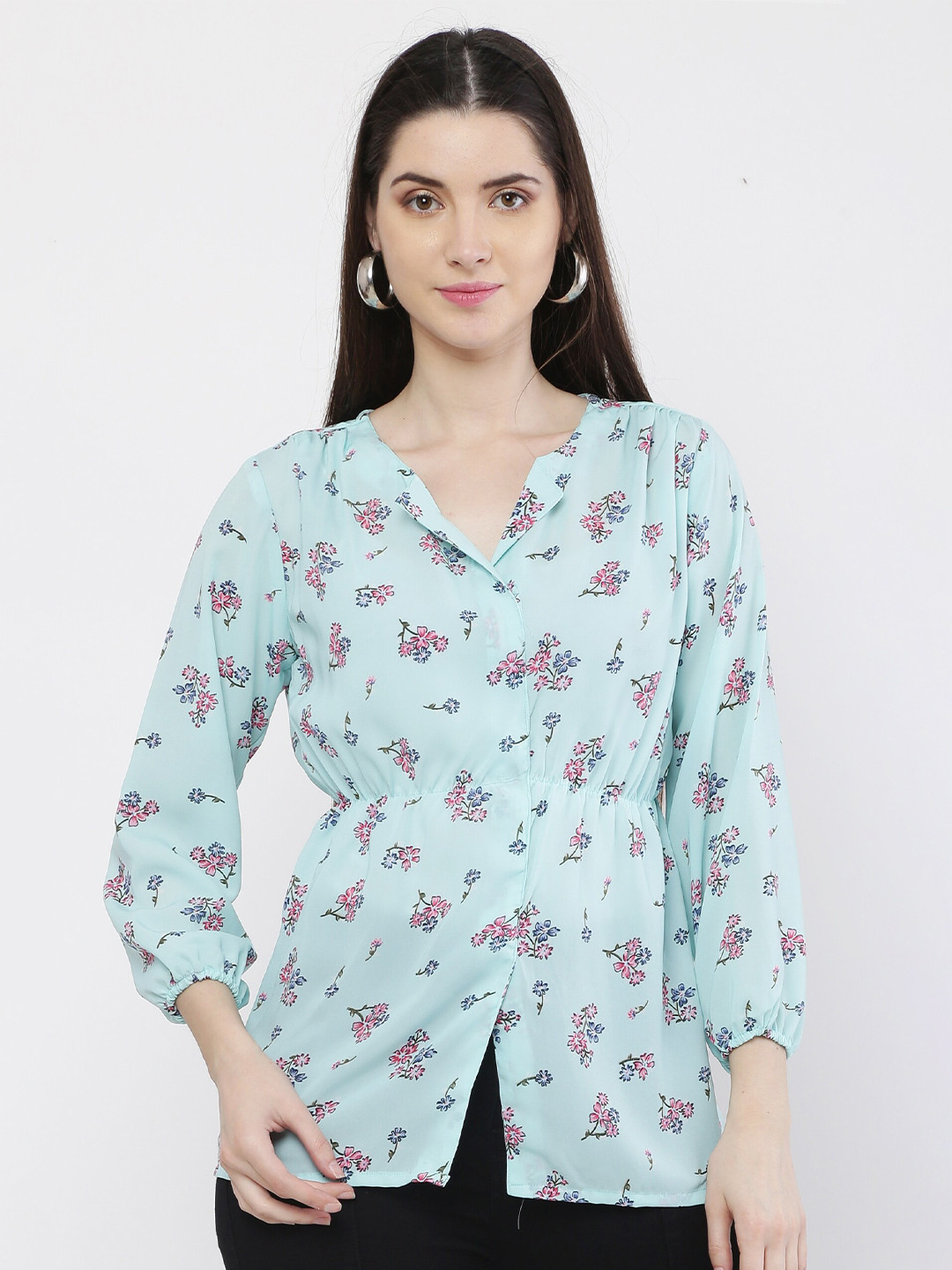 

VAIRAGEE Women Blue Floral Print Mandarin Collar Crepe Top