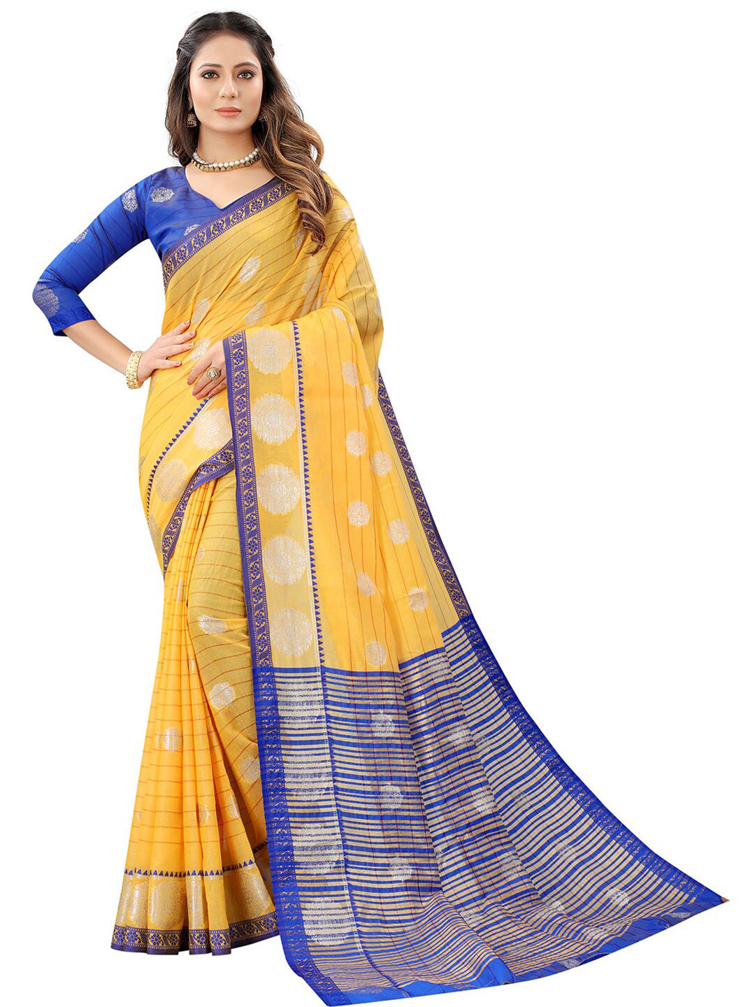 

Dhyey Fashion Yellow & Gold-Toned Ethnic Motifs Zari Silk Cotton Banarasi Saree