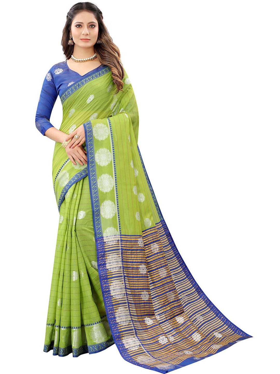 

Dhyey Fashion Olive Green & Blue Ethnic Motifs Zari Silk Cotton Banarasi Saree