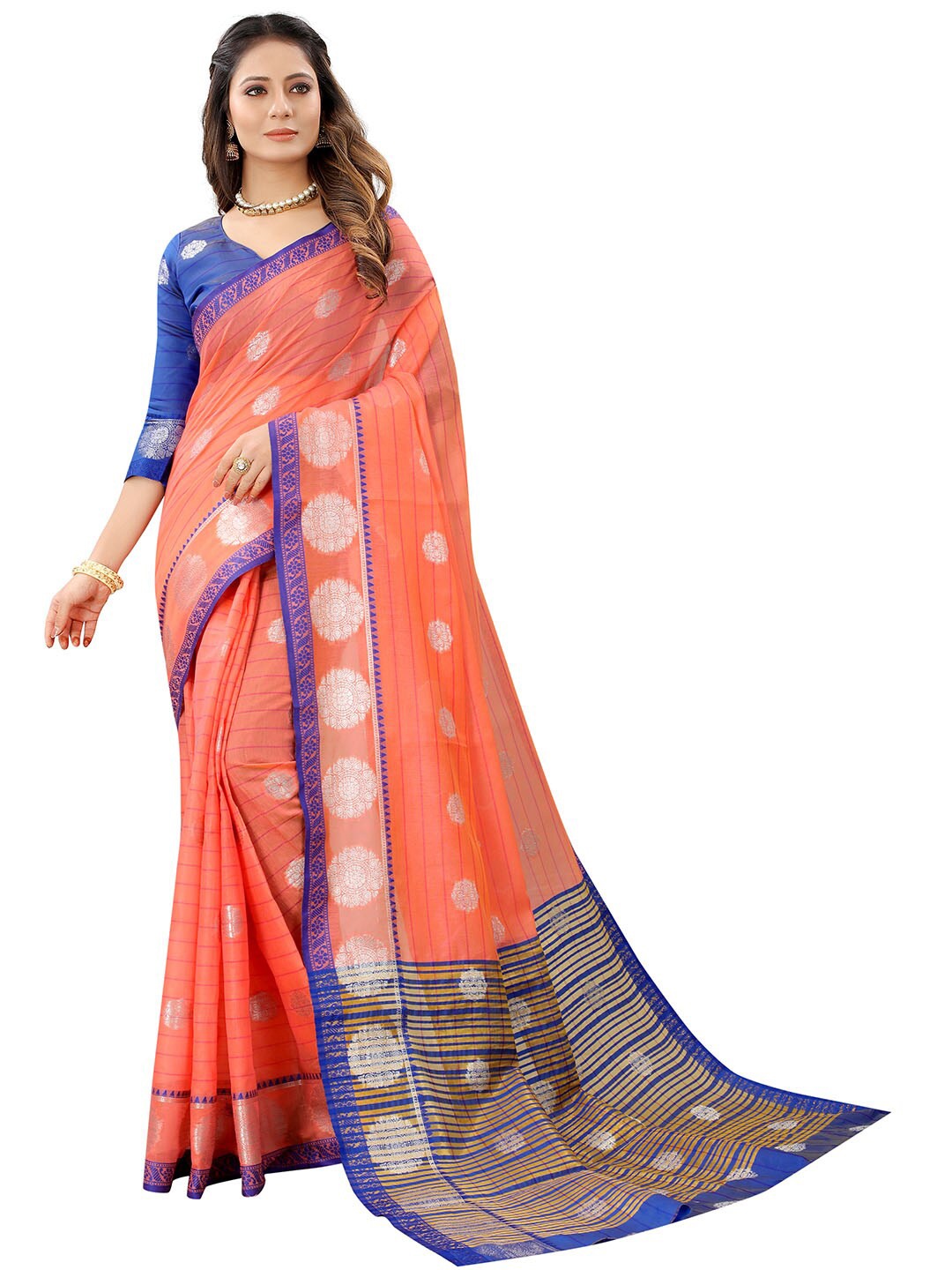 

Dhyey Fashion Peach-Coloured & Blue Woven Design Zari Silk Cotton Banarasi Saree