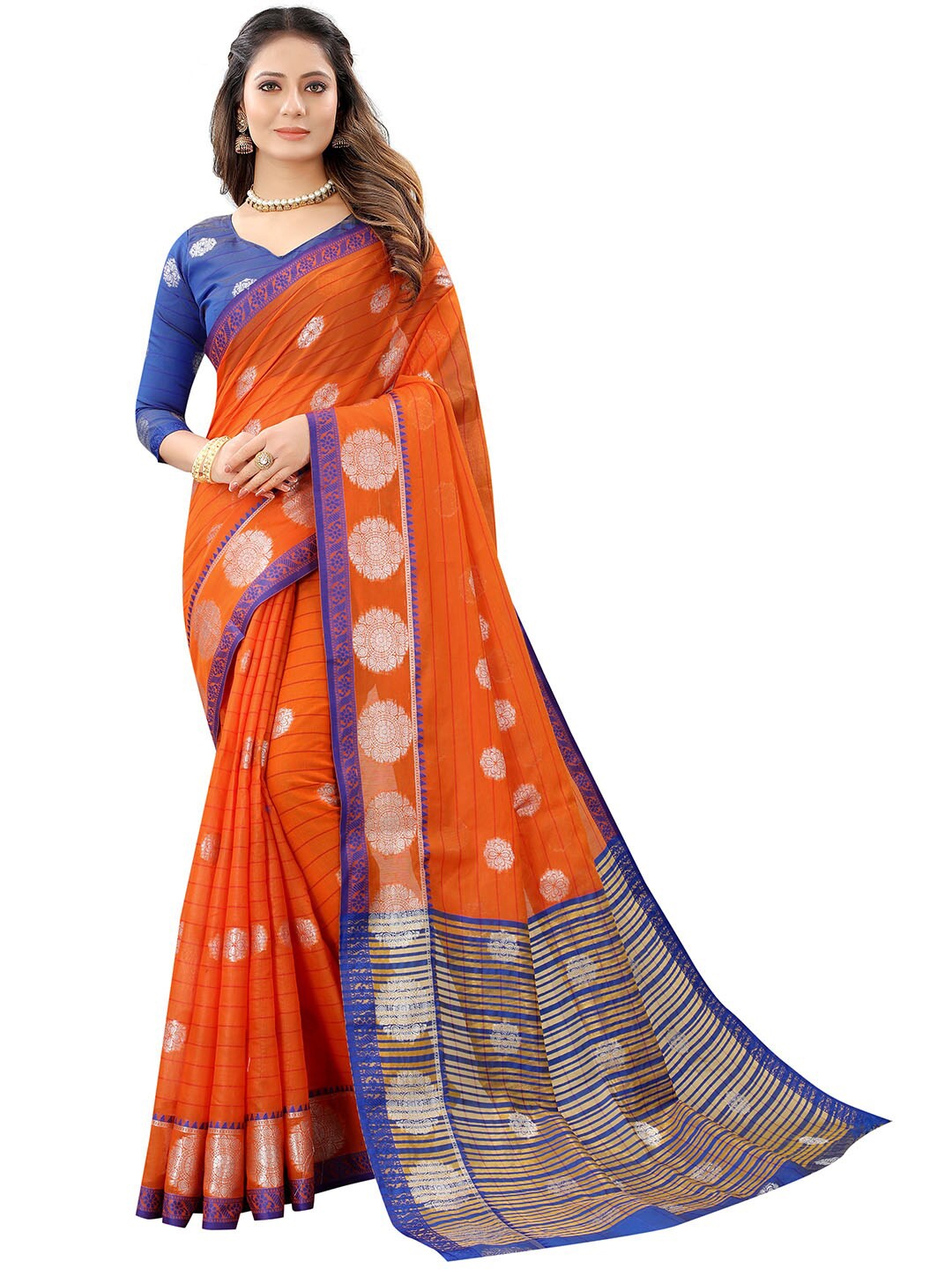 

Dhyey Fashion Orange & Blue Ethnic Motifs Silk Cotton Banarasi Saree
