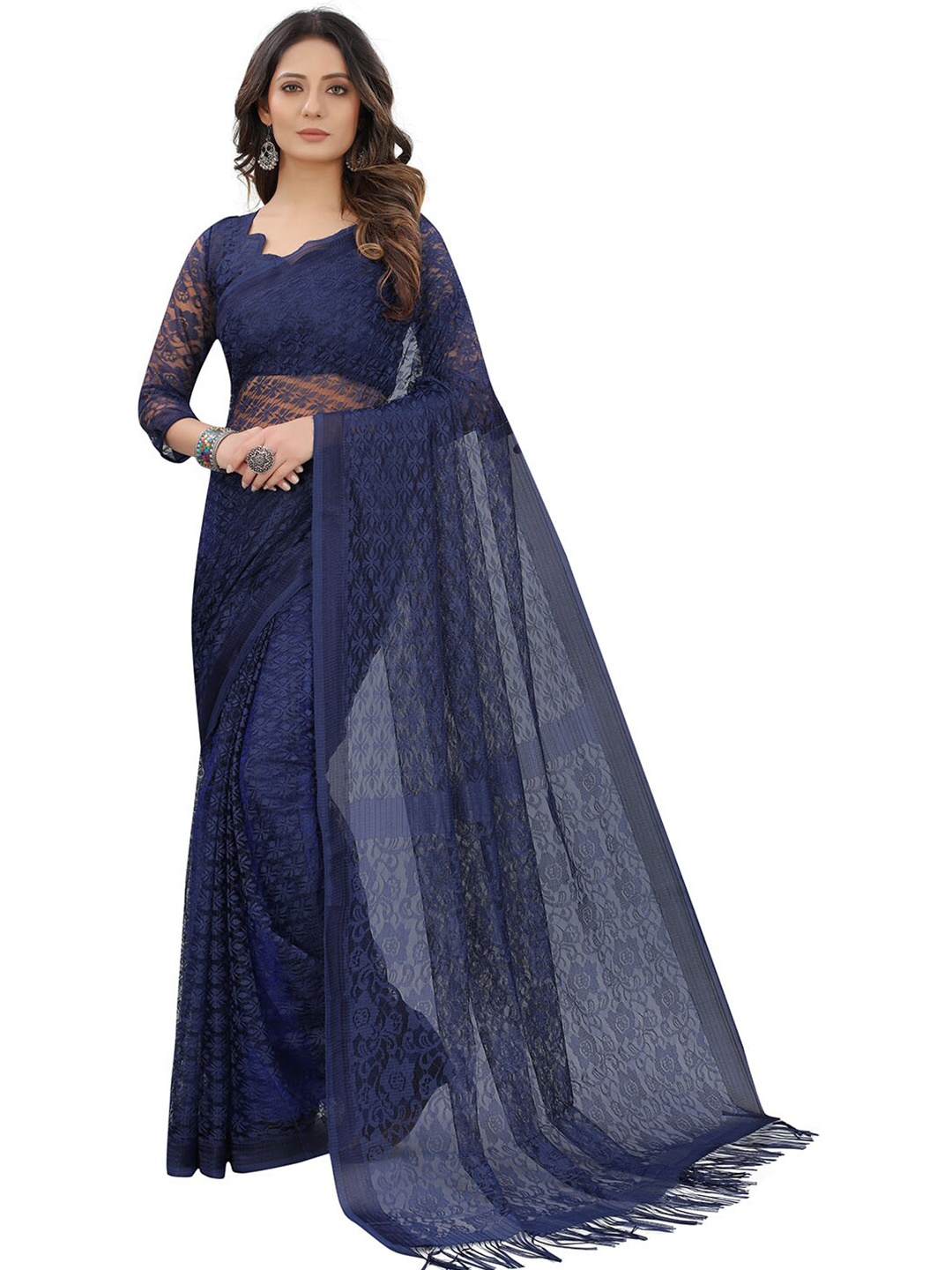 

Dhyey Fashion Navy Blue Floral Brasso Saree