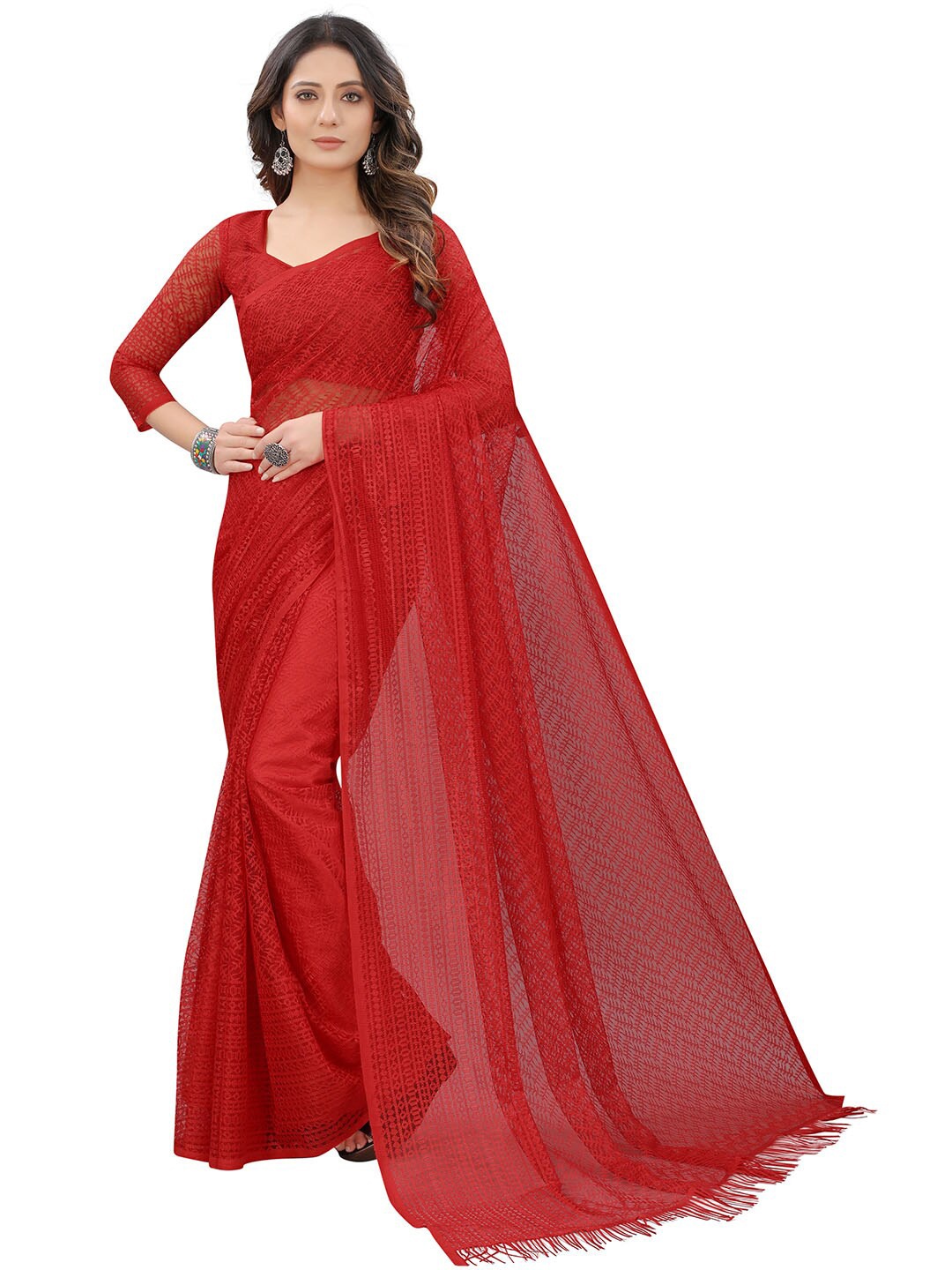 

Dhyey Fashion Red Floral Brasso Saree