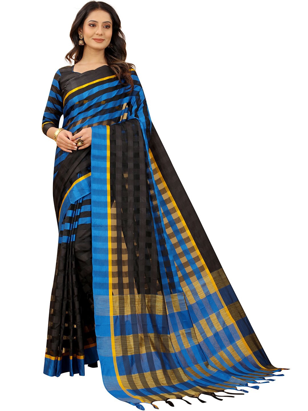 

Dhyey Fashion Black & Blue Checked Zari Silk Blend Saree