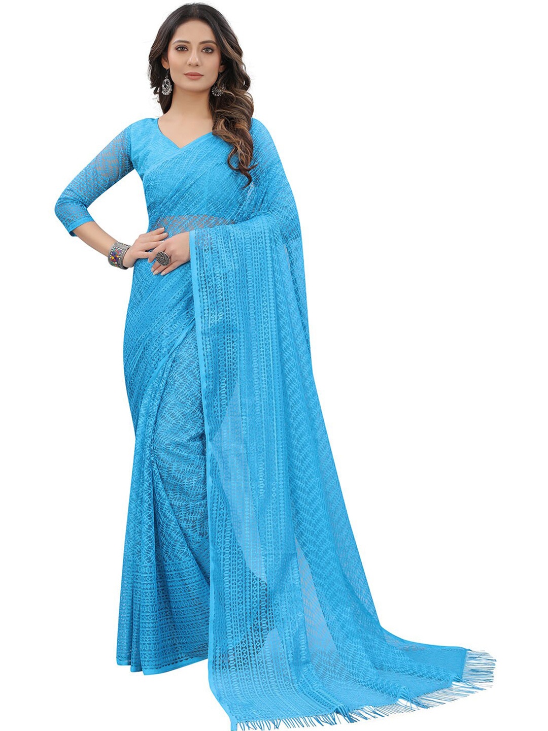 

Dhyey Fashion Blue Floral Brasso Saree