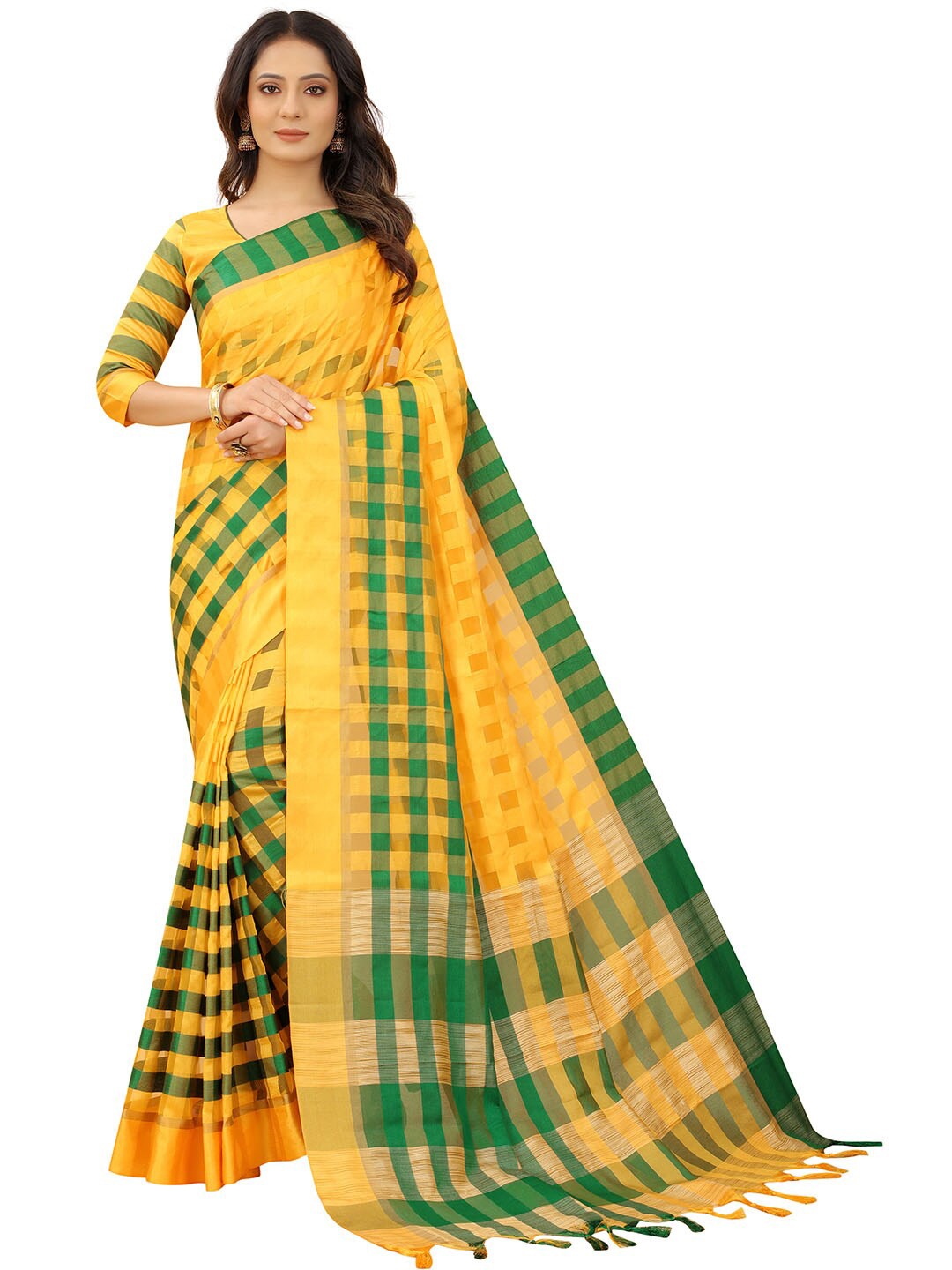 

Dhyey Fashion Yellow & Gold-Toned Checked Zari Silk Blend Saree