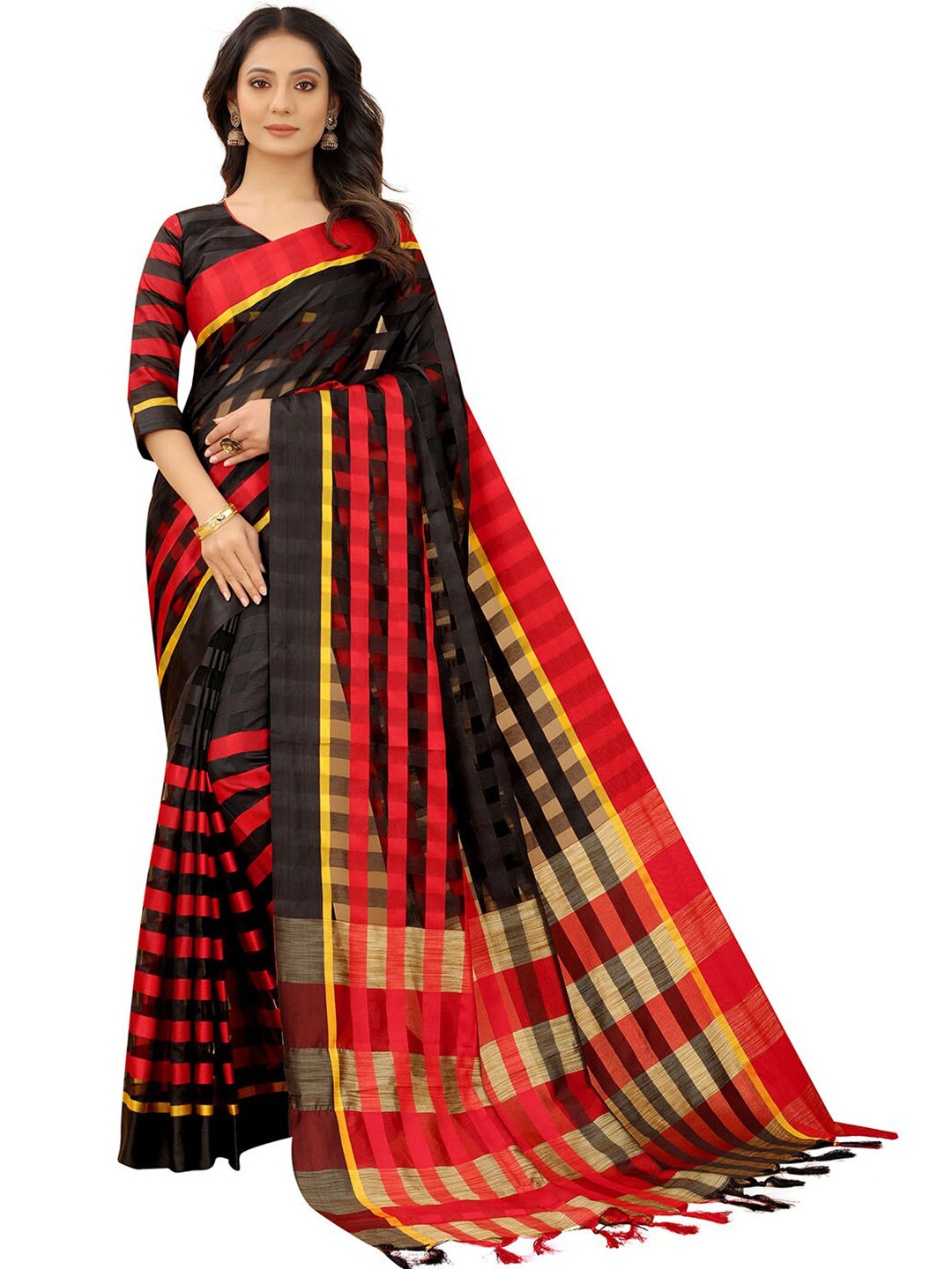 

Dhyey Fashion Women Red & Black Checked Zari Silk Blend Saree