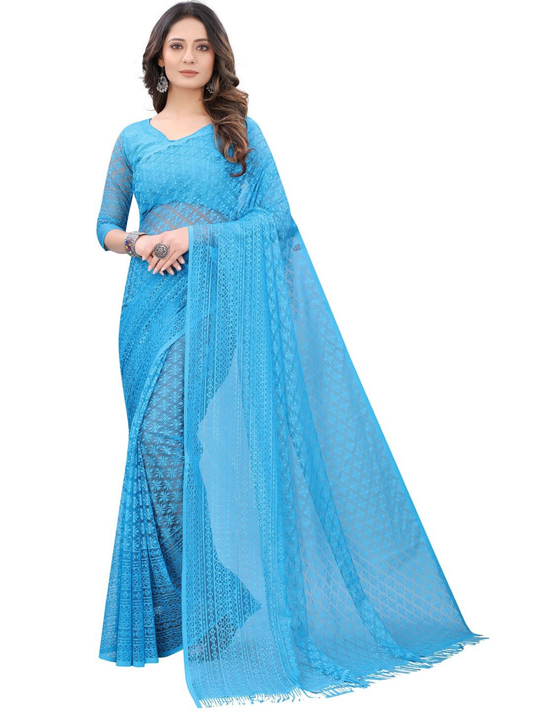 

Dhyey Fashion Blue Floral Brasso Saree With Unstitched Blouse Piece