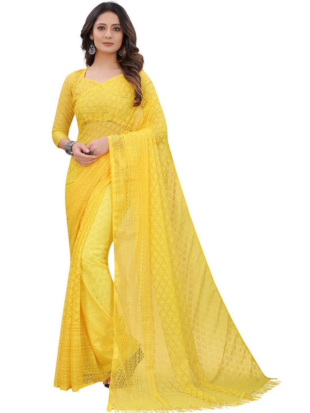 

Dhyey Fashion Yellow Floral Brasso Saree