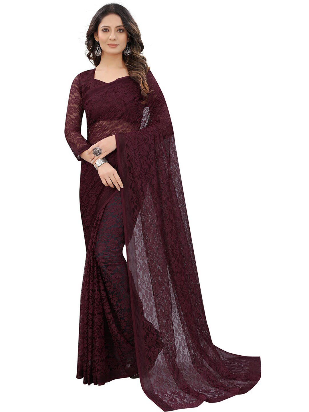 

Dhyey Fashion Women Maroon Floral Brasso Net Saree