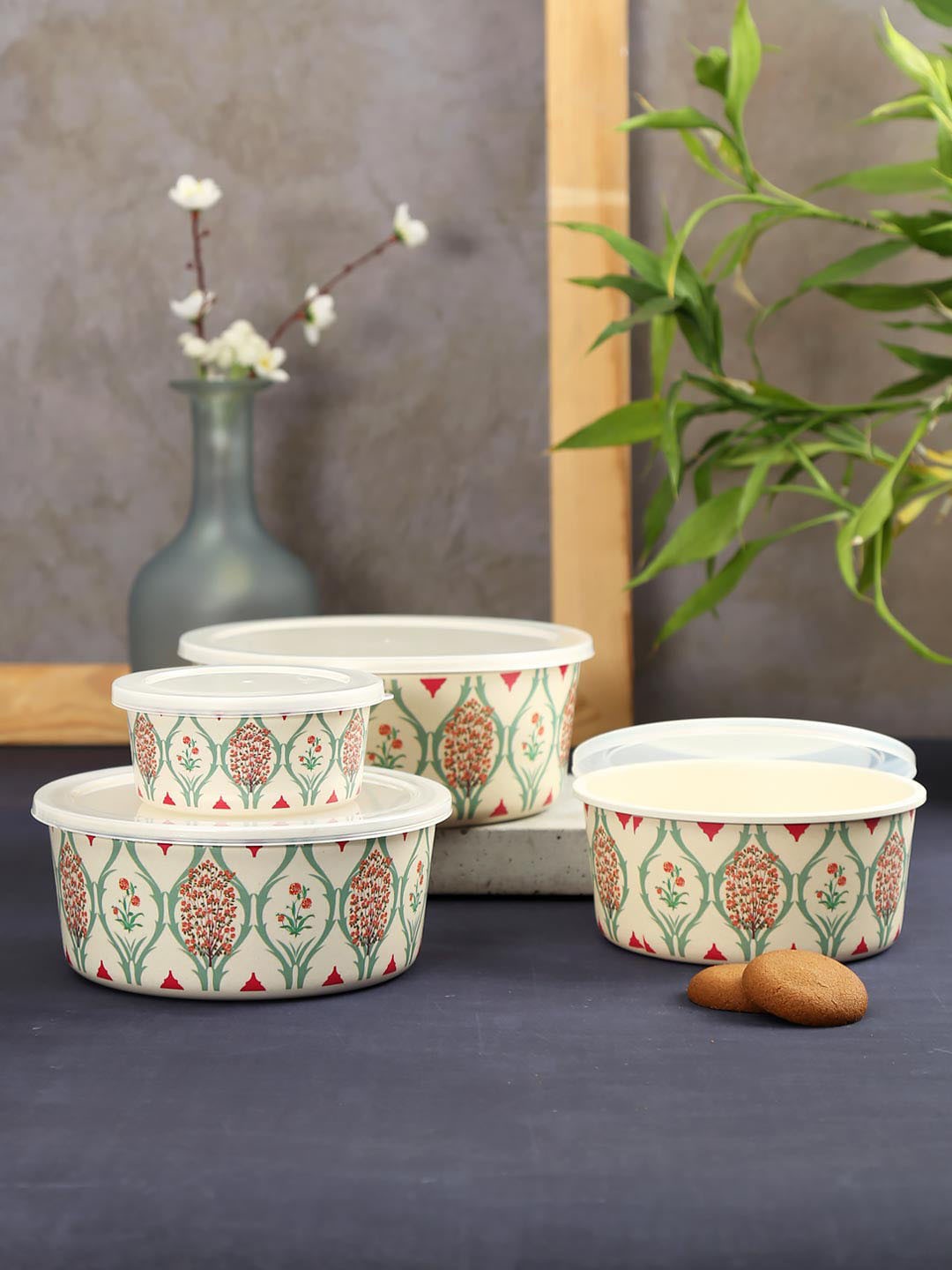 

India Circus by Krsnaa Mehta Set of 4 White Printed Bamboo Containers