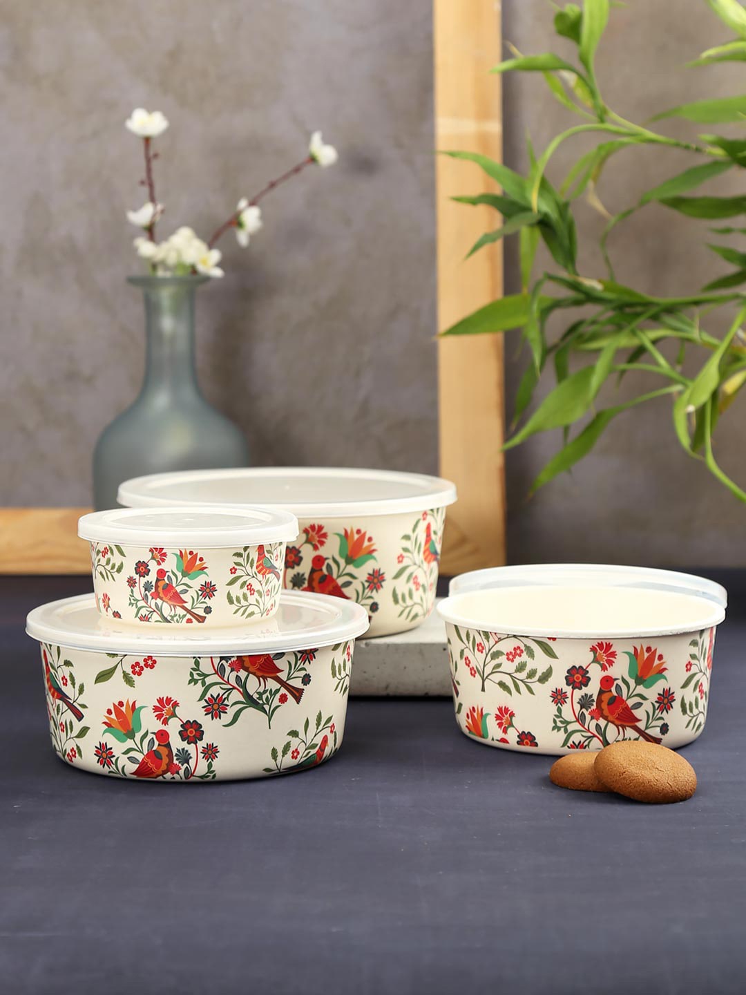 

India Circus by Krsnaa Mehta Set of 4 White & Red Printed Bamboo Kitchen Container
