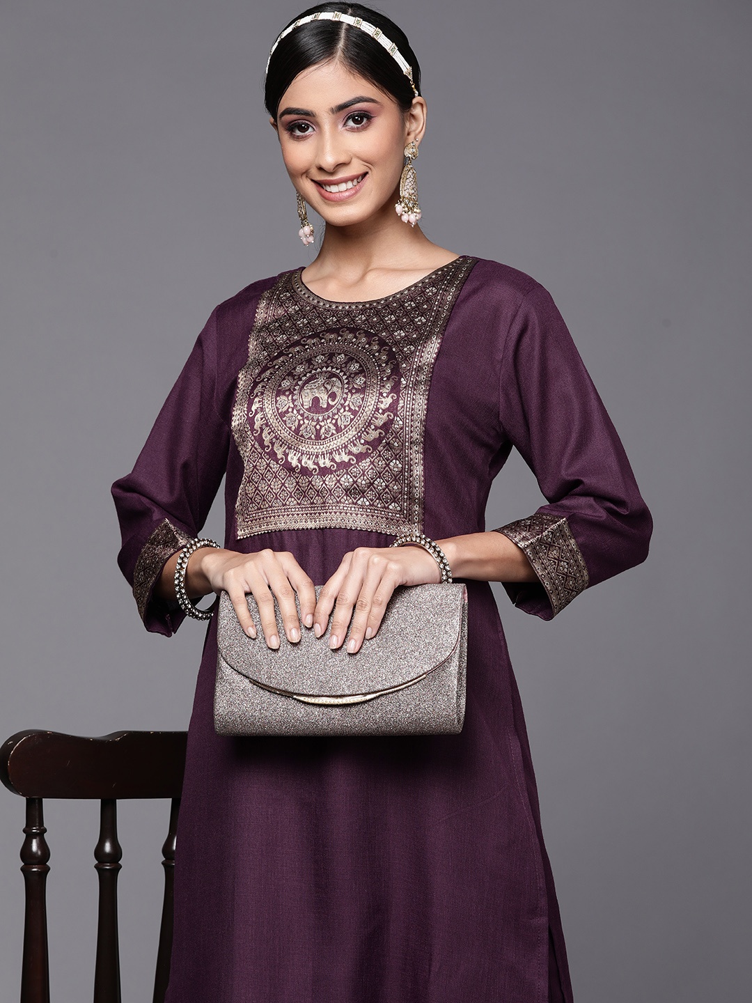 

Indo Era Women Purple Ethnic Motifs Yoke Design Kurta with Palazzos