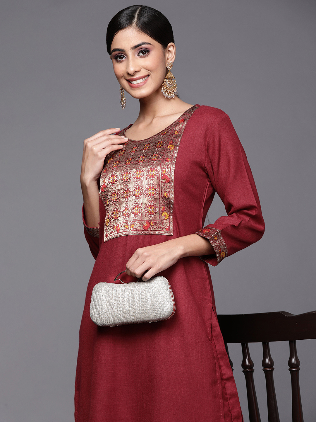

Indo Era Women Maroon Ethnic Motifs Yoke Design Kurta with Palazzos