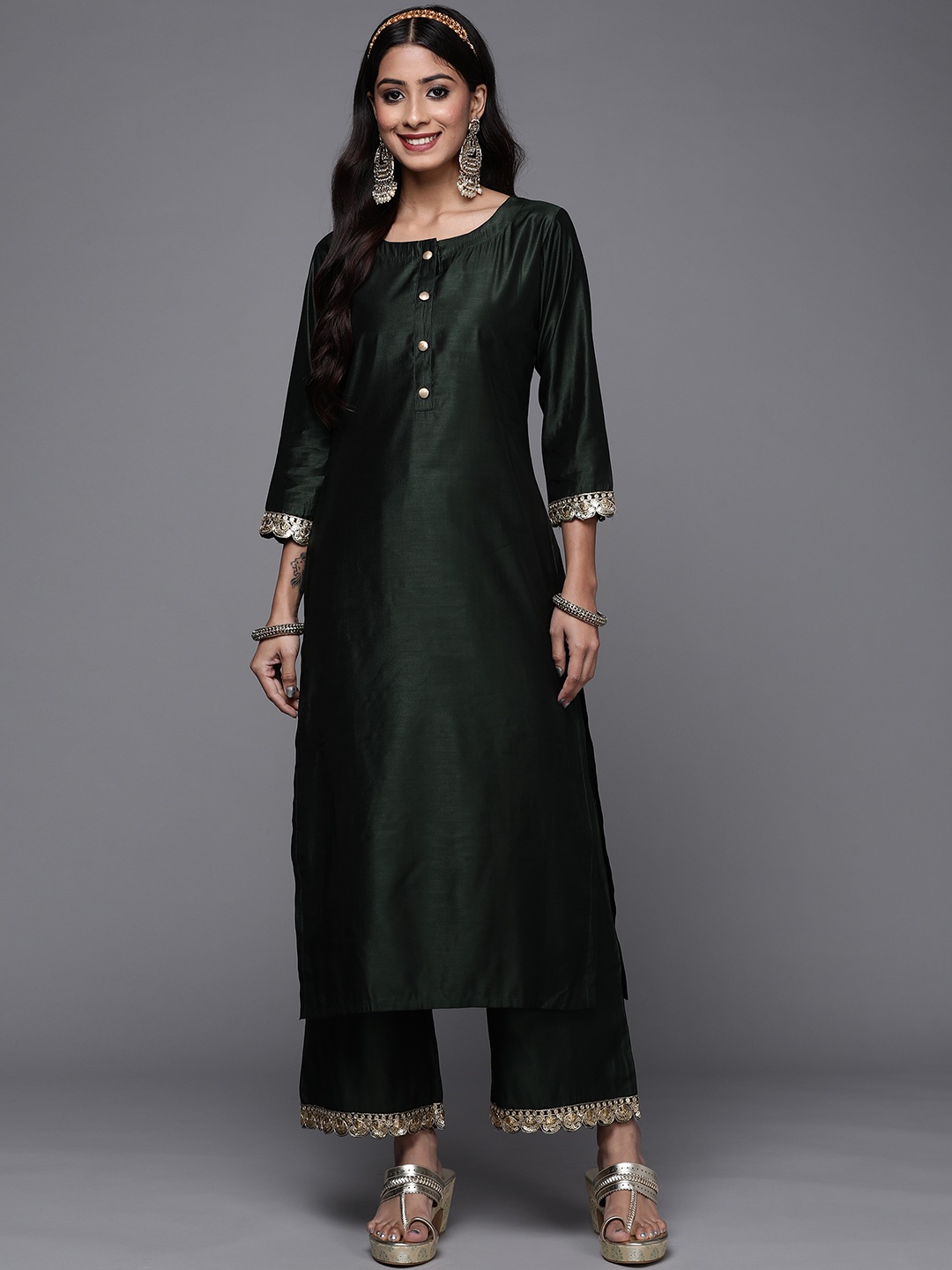 

Indo Era Women Green Pure Cotton Kurta with Palazzos