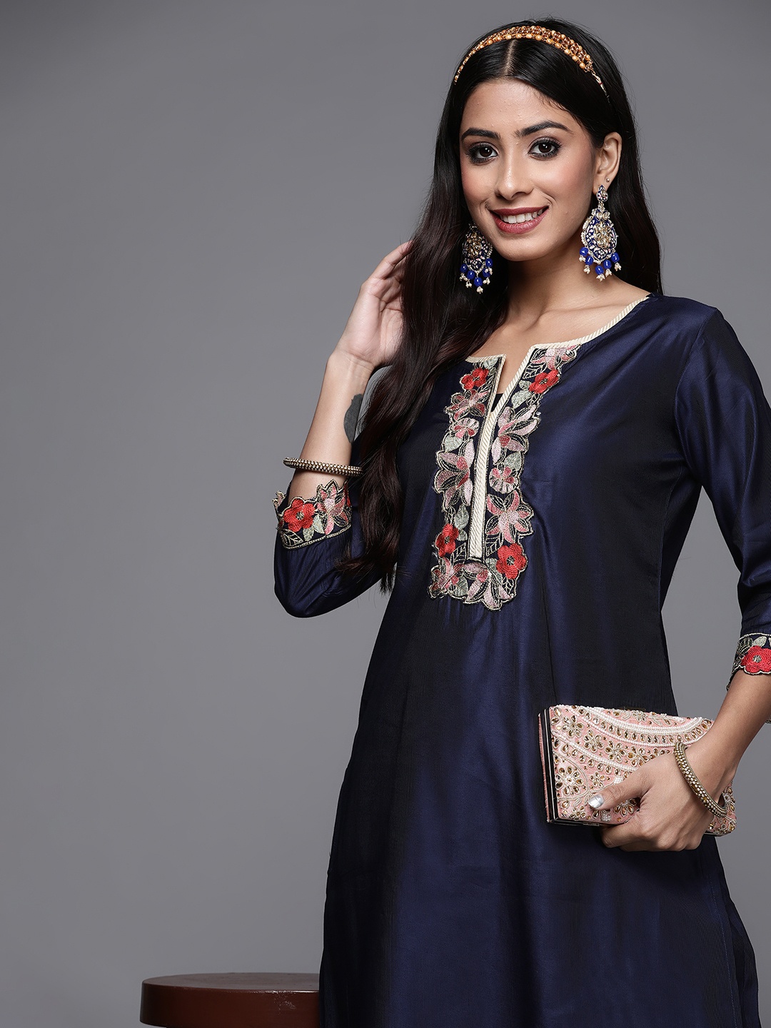 

Indo Era Women Navy Blue Floral Embroidered Sequinned Liva Kurta with Trousers