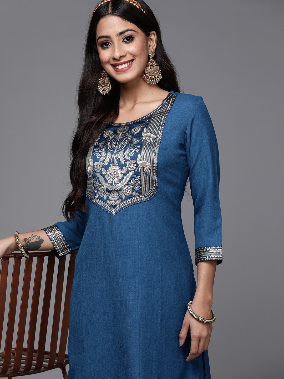 

Indo Era Women Blue Ethnic Motifs Yoke Design Kurta with Palazzos