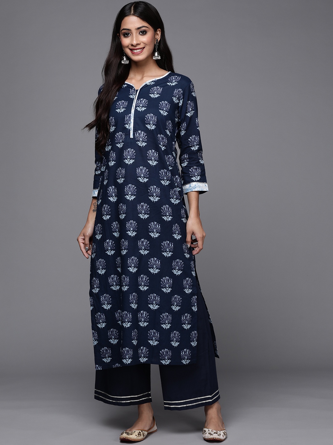 

Indo Era Women Navy Blue Floral Printed Pure Cotton Kurta with Palazzos