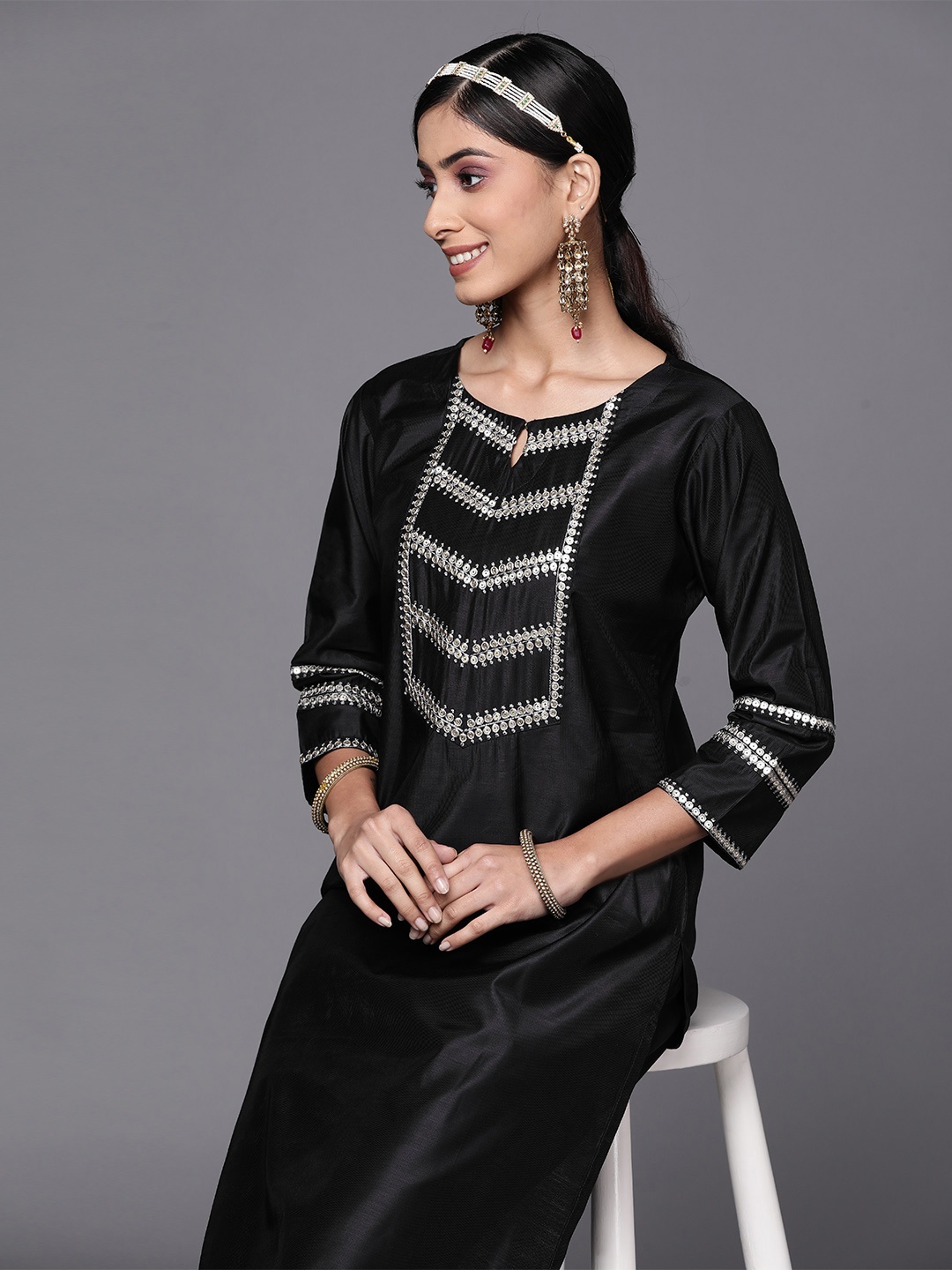 

Indo Era Women Black Yoke Design Sequinned Liva Kurta with Trousers