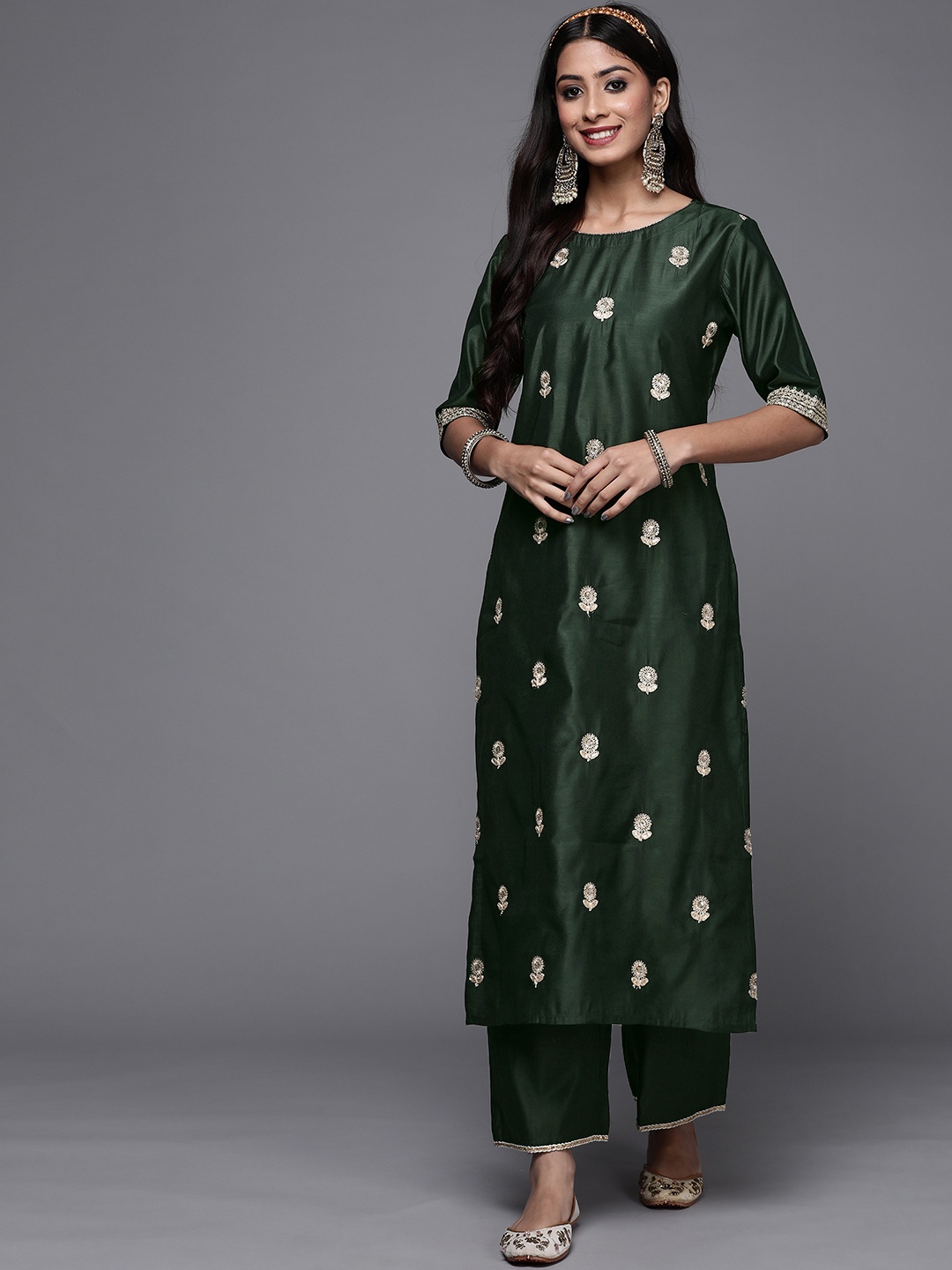 

Indo Era Women Green Floral Embroidered Kurta with Trousers