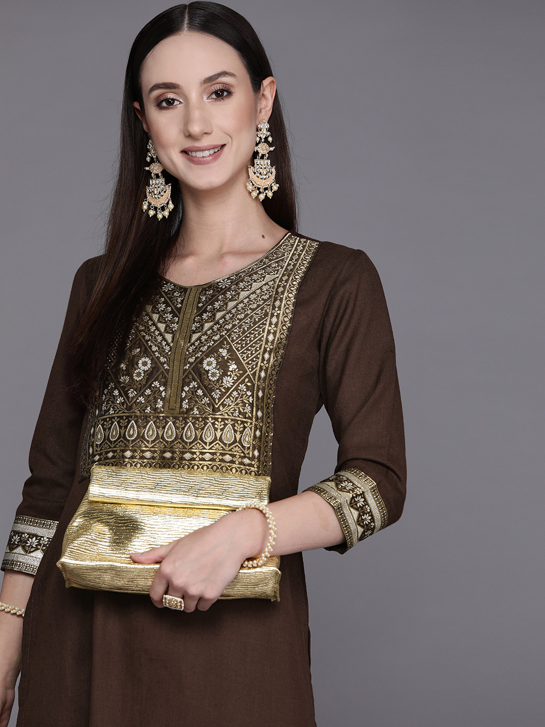 

Indo Era Women Brown Floral Yoke Design Thread Work Kurta with Palazzos