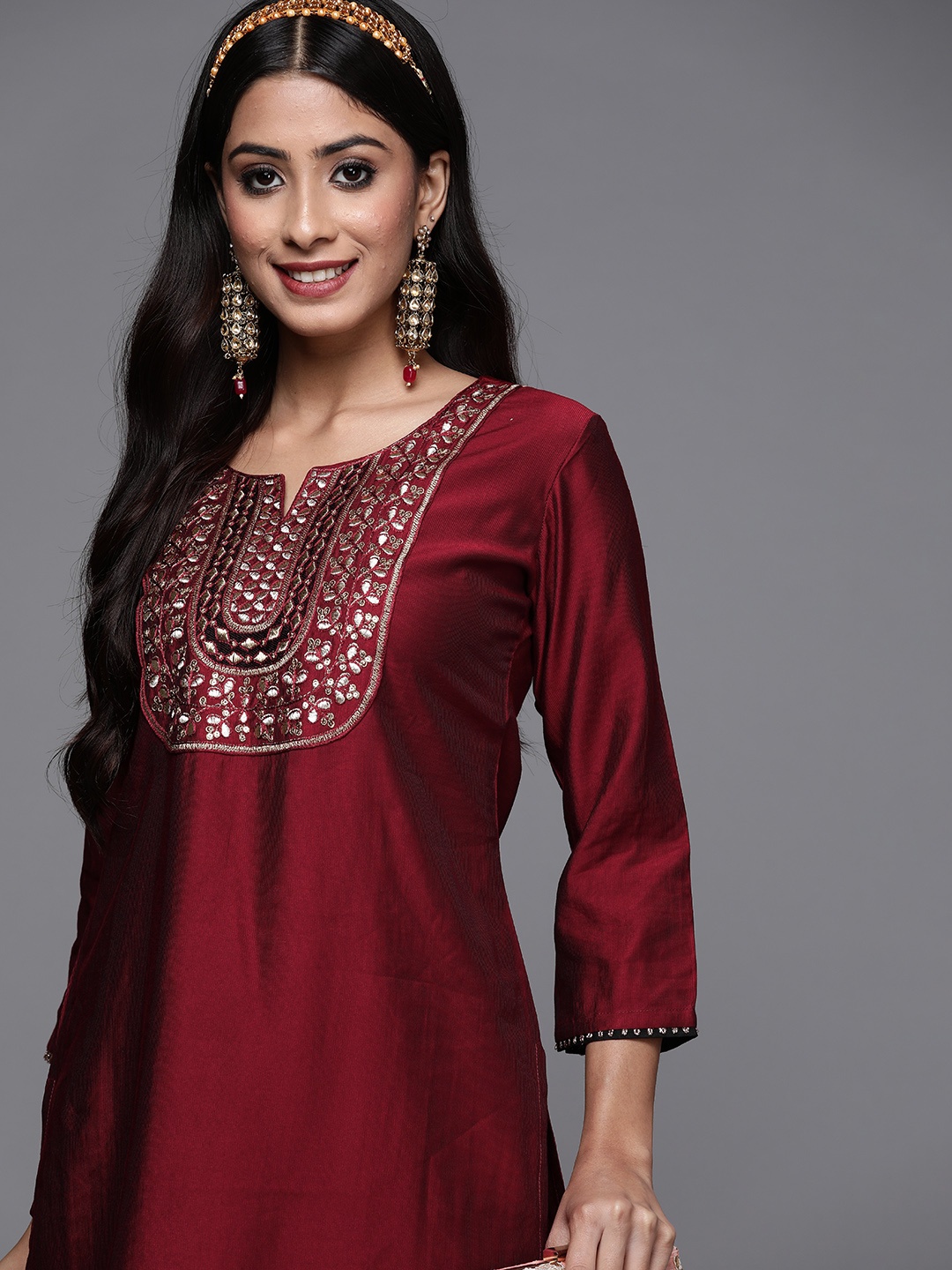 

Indo Era Women Maroon Yoke Design Liva Kurta with Trousers