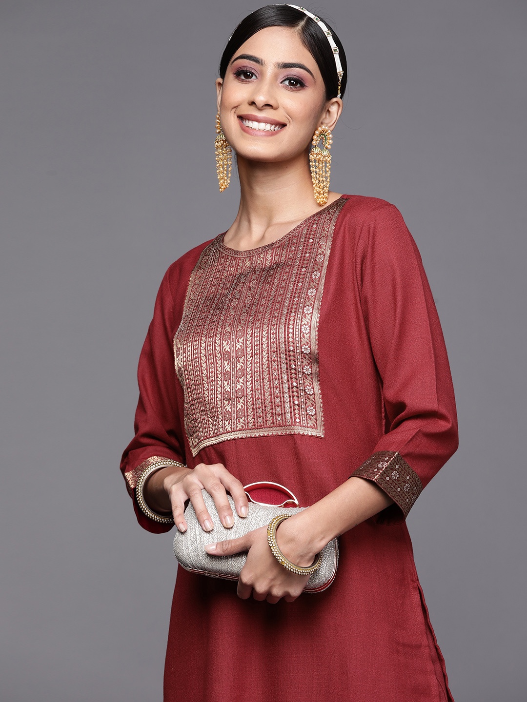 

Indo Era Women Maroon Ethnic Motifs Yoke Design Kurta with Palazzos