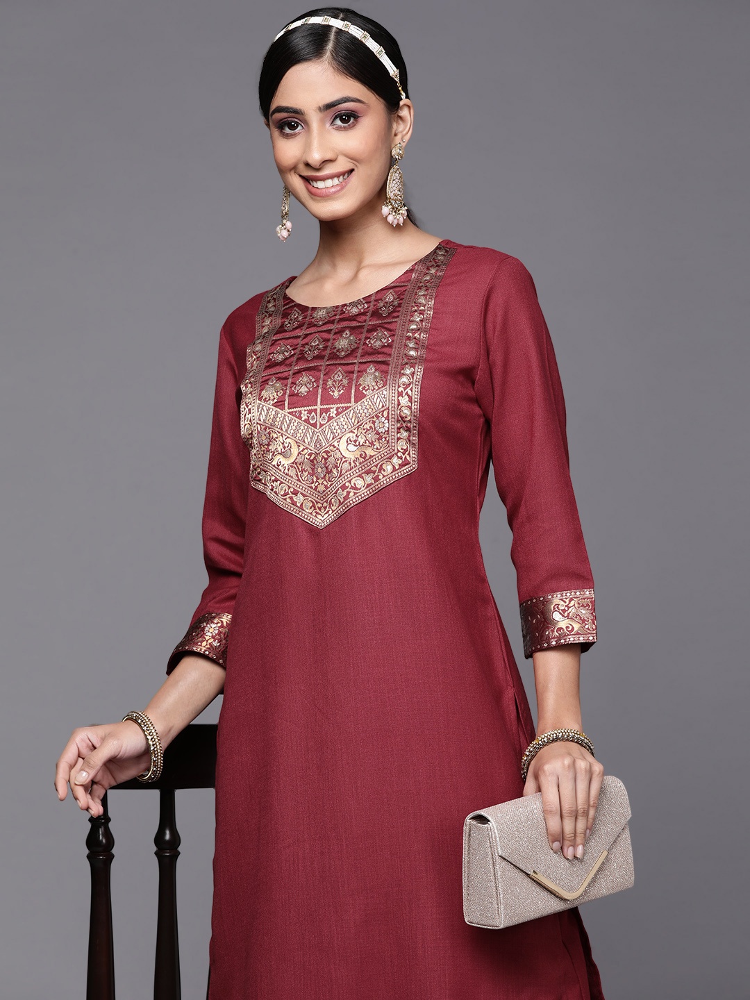 

Indo Era Women Maroon Ethnic Motifs Yoke Design Kurta with Palazzos
