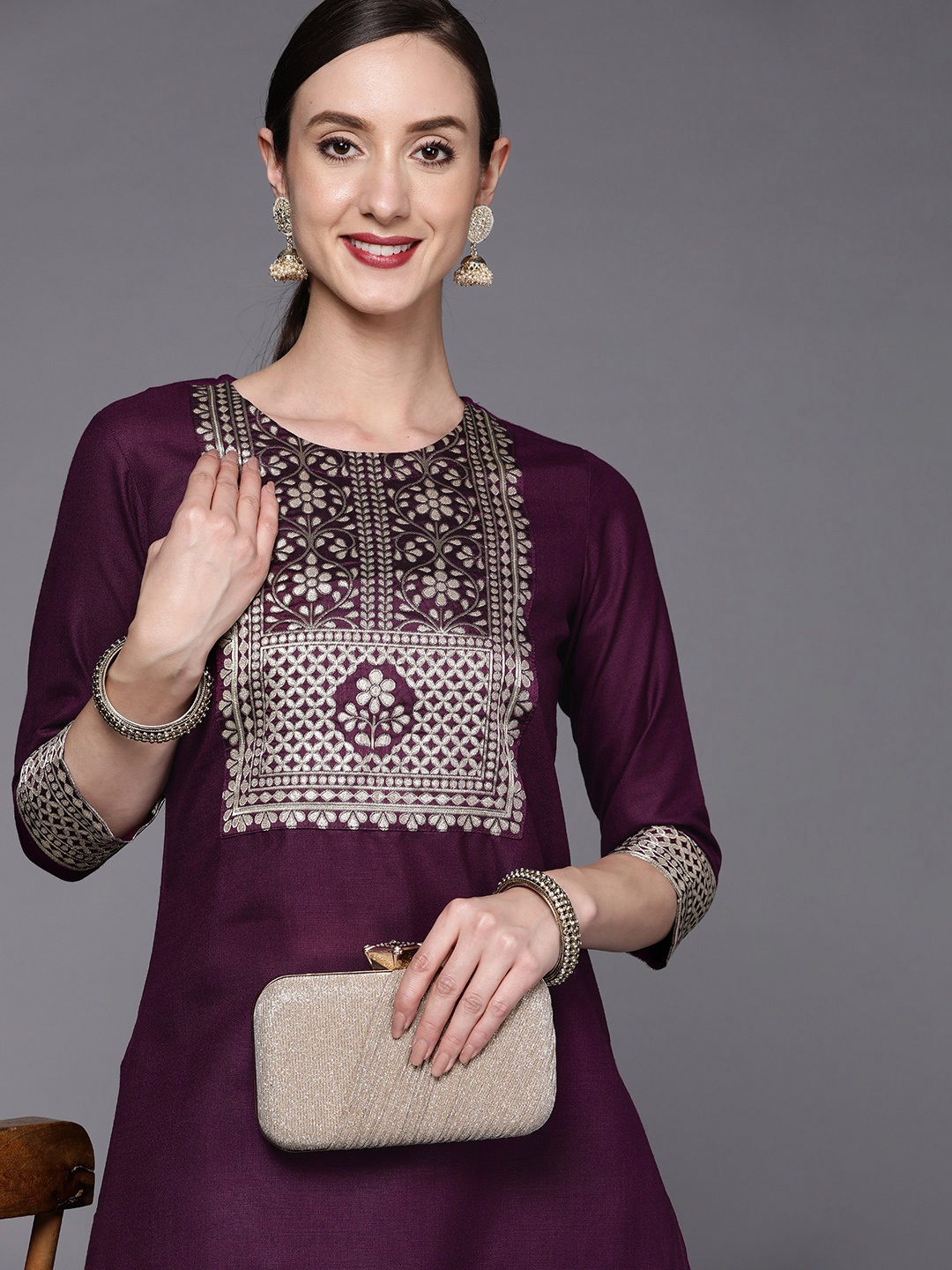 

Indo Era Women Burgundy Ethnic Motifs Yoke Design Thread Work Kurta with Palazzos