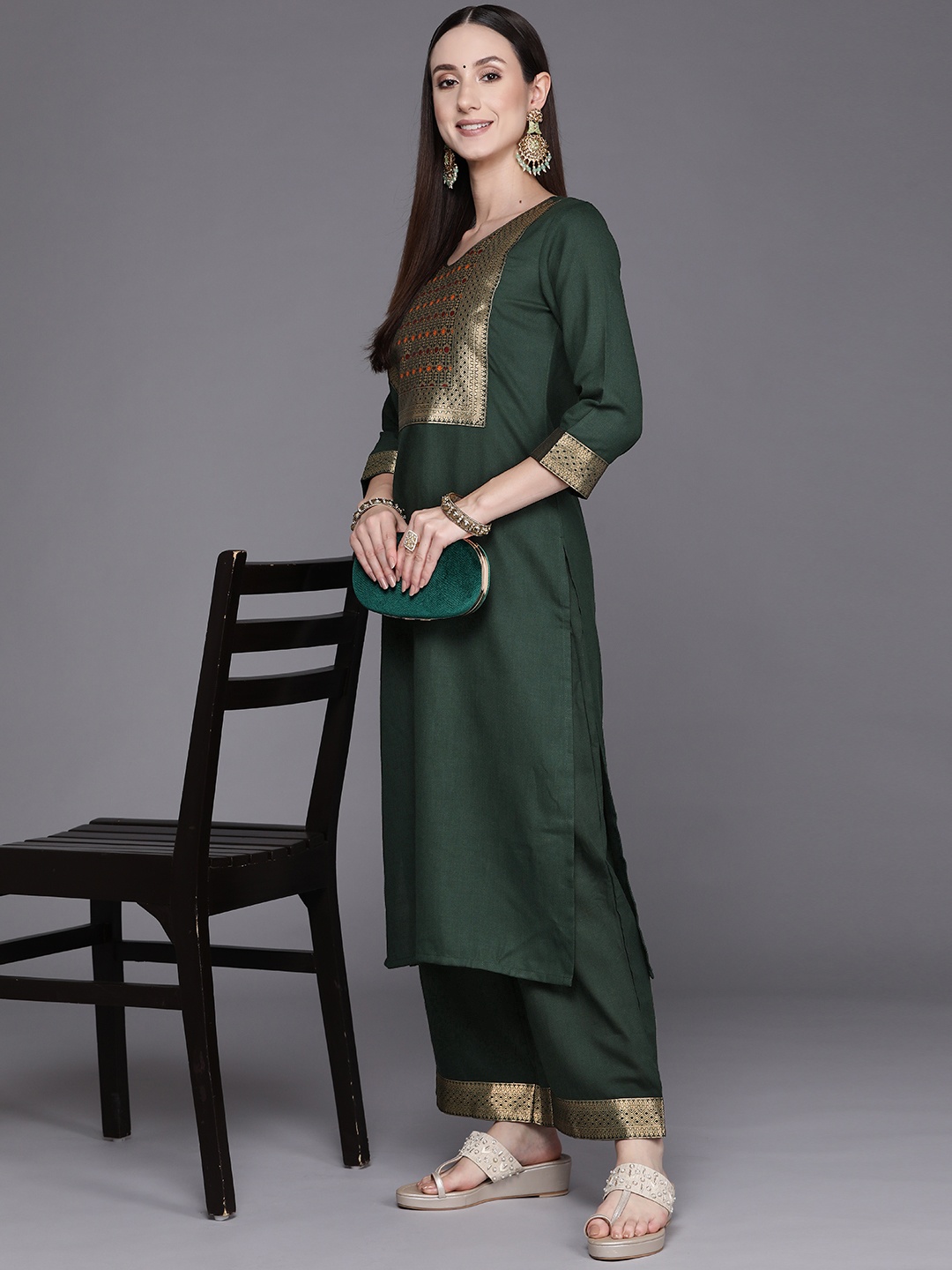 

Indo Era Women Green Floral Yoke Design Kurta with Palazzos