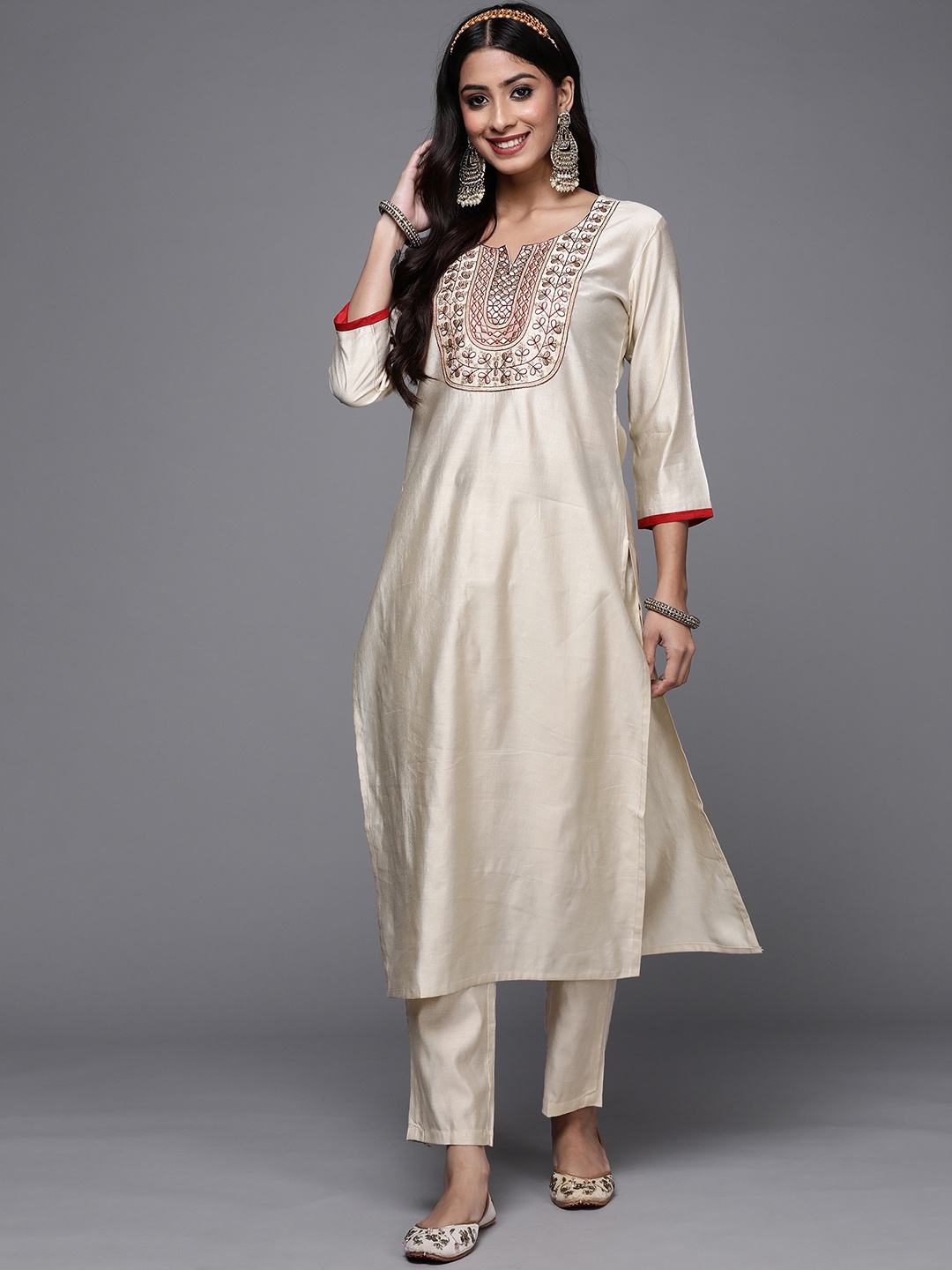 

Indo Era Women Off White Embroidered Thread Work Liva Kurta with Trousers