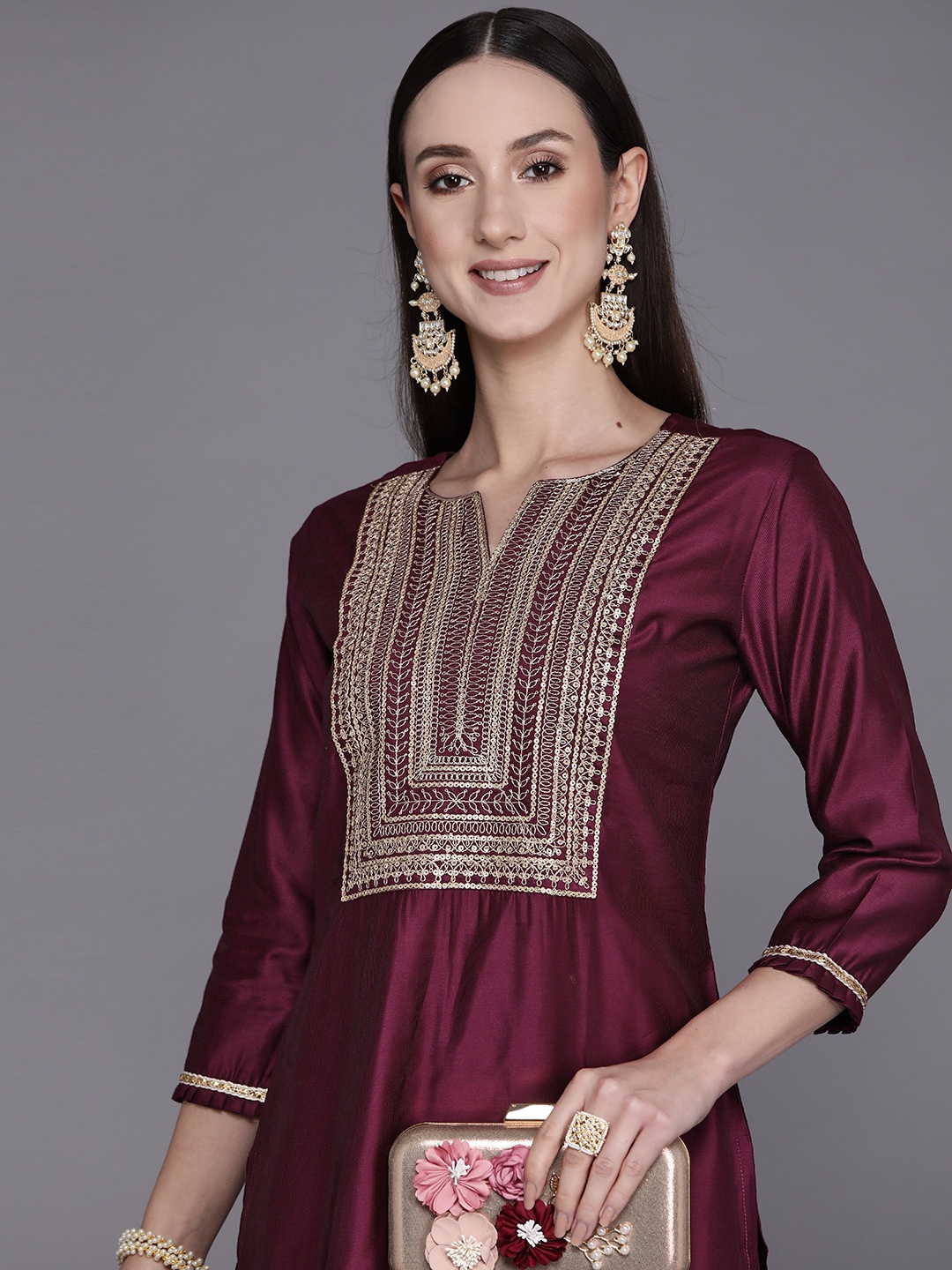

Indo Era Women Purple Floral Embroidered Sequinned Liva Kurta with Trousers