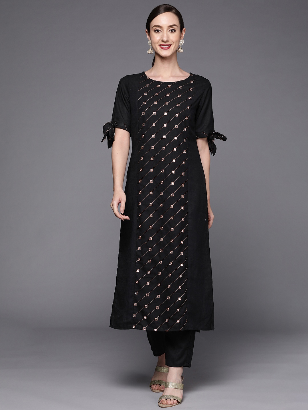 

Indo Era Women Black Embroidered Panelled Mirror Work Kurta with Trousers