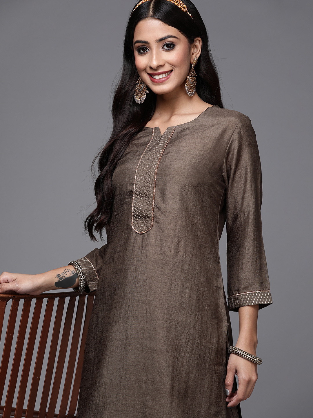 

Indo Era Women Khaki Green Kurta with Palazzos