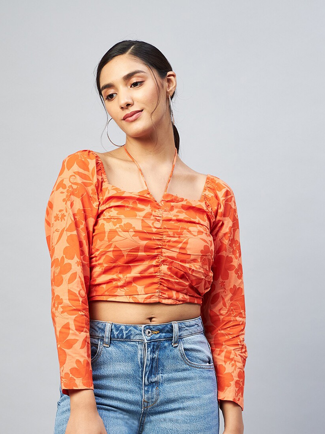 

DELAN Orange Print Tie-Up Neck Crop Top